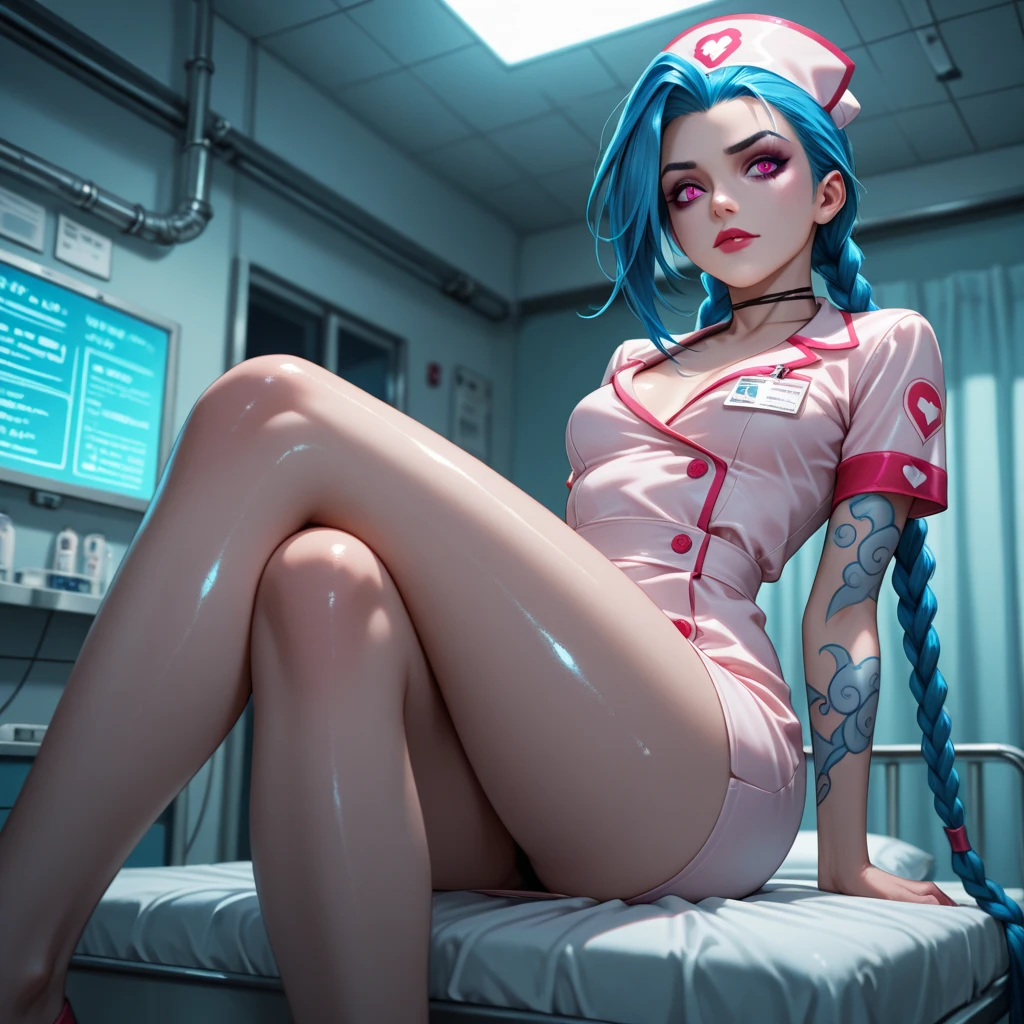 A female ghost with dirty skin all over, terrifying-looking, female humanoid creature, 3D character art, monster girl, sinister pose, mixed human, creepy pose, short white hair, hair tilted to one side to cover one eye, black smoky eye makeup, cloudy pupils that emit a blue-white glow, a nurse's hat on her head, several blue short tubes inserted on the front and behind her head, wearing a tattered white nurse's uniform, a lot of skin exposed, cracked hem of the nurse's outfit, dirty nurse's clothes , bloodstained, arms raised in a swinging motion, nails sharp and slender, nails are blue and emit blue light, A long blue tubular tail grows on the dorsal tail vertebrae, The tail is smooth, like a plastic tube that glows blue, His hands are wearing tattered and dirty white gloves, Standing, slender legs spread, thigh-to-calf spread blue disorderly linear texture, Wearing white stiletto heels, White nurse shoes, You can see the whole body of the female nurse, The nails are blue and glow blue, War-wounded clothes, Skin and clothes are dirty, Standing with legs spread and crossed, slightly bent over, Scary atmosphere, get together, skin firm, no excess flesh, There is a sense of strength, bent over to look down, UHD, retina, masterpiece, ccurate, anatomically correct, textured skin, super detail, high detail, high quality, best quality, high resolution, 1080P, HD, 8k, 16k ,