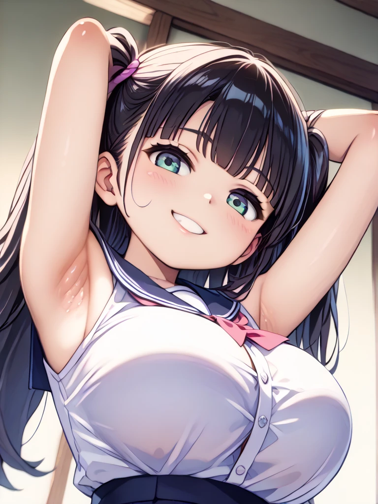 one woman, big breasts, beautiful breasts, masterpiece, highest quality, anime characters, open your mouth, Completely naked, high school girl, hall々I am doing, smile, standing position, Perfect contours, Upper body, neck towel, underboob, Short towel, relaxing after a hot bath, wet, Super erect nipples, Nipples visible,