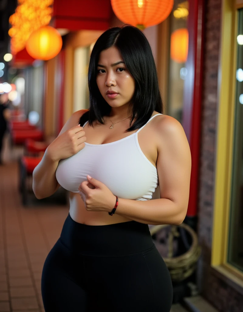 (extreme wide shot:1.5),(thai Women),(super highponytail hair),(huge breast:1.5), (escalator:1.5),(sleeveless dress),(darkskinned),(smile),(((top-quality,masutepiece,8K,Photorealsitic)))