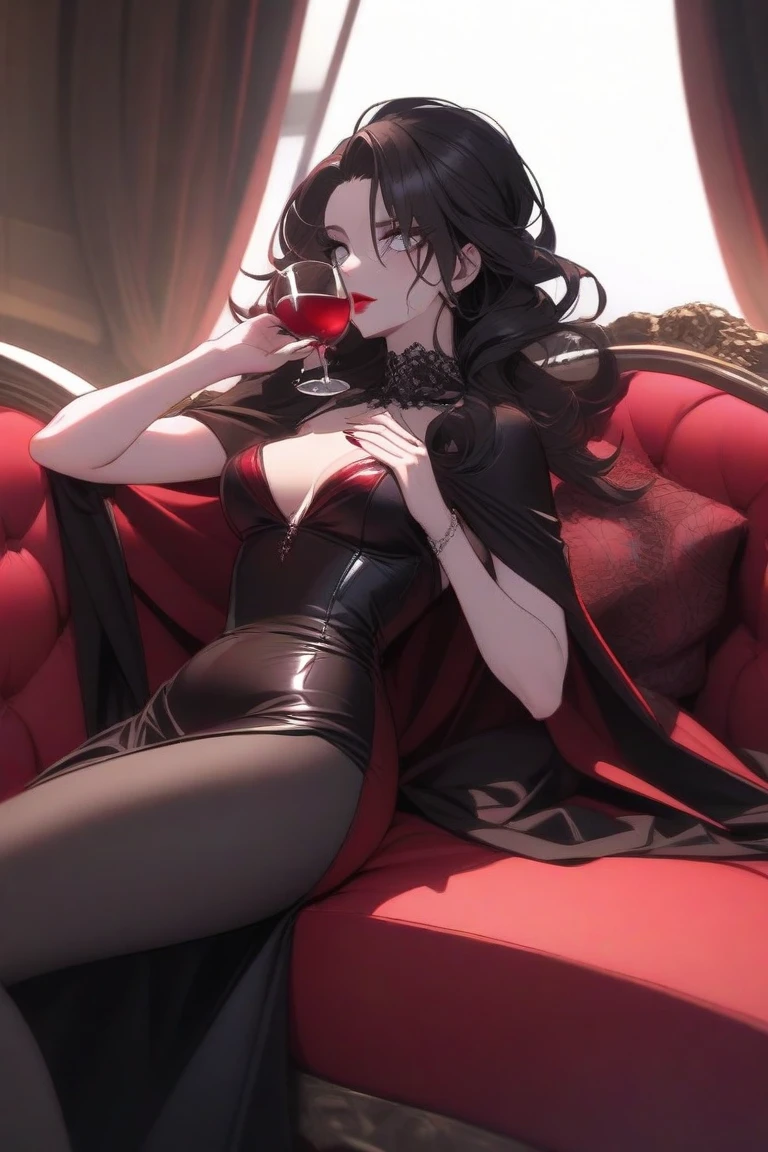 fullbody, sitting, 1girl, vampire, gothic, victorian goth clothing, with a cape, black dress with red details, big fangs on her smile, glowing red eyes, snow white pale, detailed intricate background of her gothic castle mansion, red pillows black furniture, bright red lips, blood splatters, wine glasses with red liquid, (view from bottom), dramatic lighting, cinematic, elegant, arrogance, royal, poster