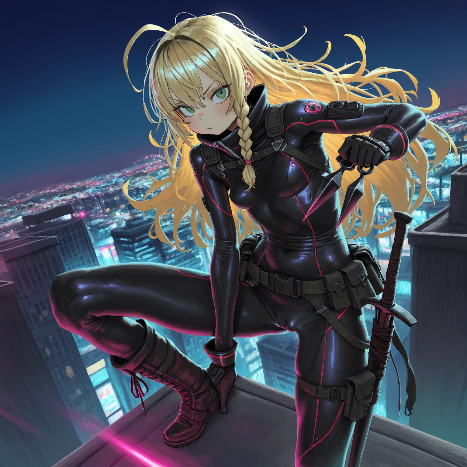 A woman, pink army outfit, athletic body, holding a gun, short clothes, blonde hair, blue eyes, long hair, in an apocalyptic city, deserted, destroyed city, princess peach
