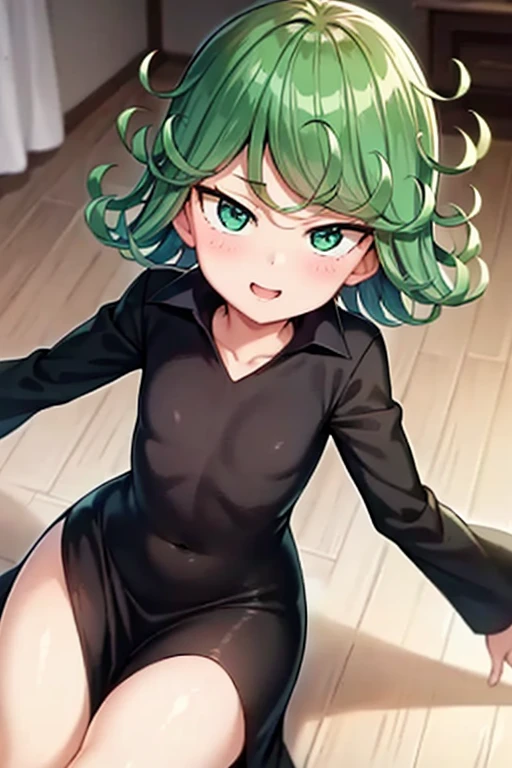 absurdos, high resolution, ultra detallado, tatsumakitornado, solo, pelo verde, Pelo RIZADO, vestido negro, mangas largas, mirando al espectador, sonrisa, :3, dientes, parte superior del cuerpo, mano a la propia boca, mirando al espectador, bathroom, tiles, 