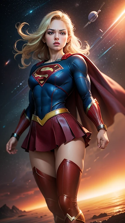 ((Best quality)), ((Supergirl's masterpiece)), (highly detailed:1.3), 3D, beautiful, (cyberpunk:1.2), in space, nebulous, holding_weapon, laser, (1Female Mecha:1.3), sexy body, facing the audience, bright blue eyes, full body, blonde, (flying, descending, dynamic, motion blur: 1.4), (huge wings of wicks: 1.6), looking up, glowing_eyes, mecha, panorama, background is earth,  nebula, space, particles, Reality, HDR (High Dynamic Range), Ray Tracing, NVIDIA RTX, Super Resolution, Unreal 5, Subsurface Scattering, PBR Textures, Post-Processing, Anisotropic Filtering, Depth of Field, Maximum Clarity and Clarity, Multilayer Textures, Albedo and Specular Maps, Surface Shading, Accurate Simulation of Light-Material Interaction, Perfect Proportions, Octane Render, Two-Tone Lighting, Large Aperture, Low ISO,  white balance, rule of thirds, 8K RAW, efficient sub-pixel, sub-pixel volume product, (best quality), (Japanese: 0.5), (Korean: 0.8), (Liu Yi Fei: 1.5) long hair, (big chest: 1.2) wearing superman's S on the chest. --auto --s2