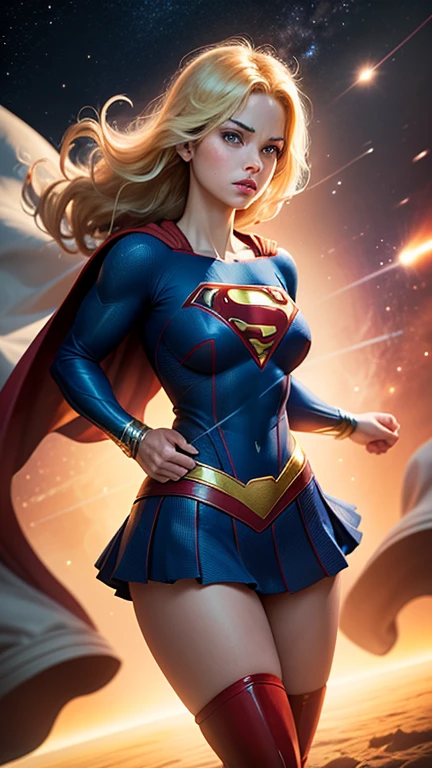 ((whole body view)), (SUPERGIRL is in outer space), (Lifting a large asteroid with your hands), (Complete DC Comics Superheroine), fora, highlights your muscles and scars. The scenery is lush and mysterious, com galaxias ao seu redor. The camera details everything. ((ela tem cabelo loiro, ela tem cabelo comprido)), (Ela tem um sorriso confiante, Pose heroica), ( His attitude is fearless), ( Ela tem uma personalidade arrogante).