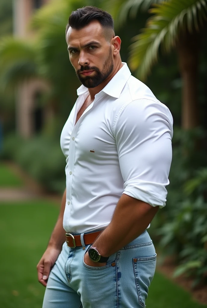 Obra maestra, mejor calidad, ultra detallado, 1 hombre de espaldas, macho maduro, muscular, pedazo, bara, deportista, carne de res, negro skin, negro, piel bronceada, latino, 36 years old, negro hair, gray fur, barbas de chivo, cabello demasiado cortado, mirando al espectador, serious expression, camiseta gris, Tiro de medio cuerpo, science fiction background, White jeans backside backside backside