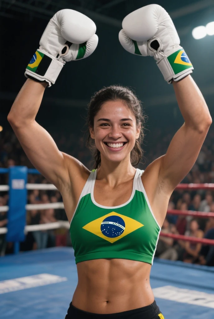 Afro-Antillean female boxer, dressed in blue, using head protection, shouting to the sky his triumph, with the flag of Panama in his hands, up on the boxing ring.