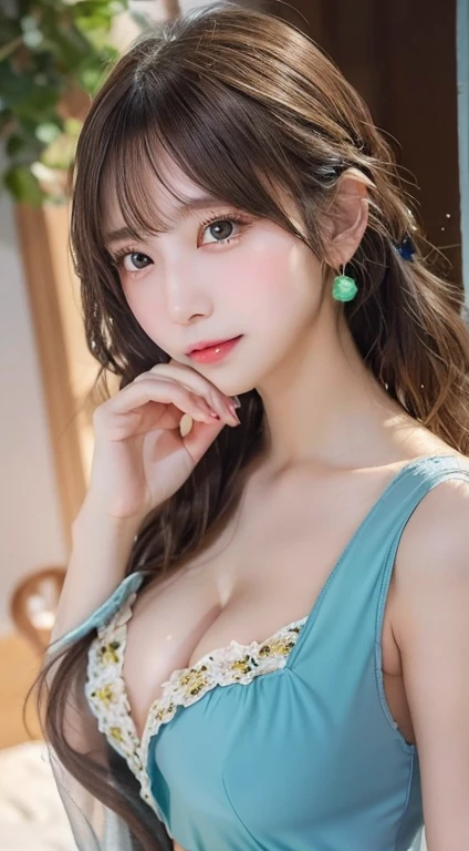 (Masterpiece, BestQuality:1.3), (ultra detailed:1.2), (hyperrealistic:1.3), (RAW photo:1.2),High detail RAW color photo, professional photograph, (Photorealistic:1.4), (realistic:1.4), ,professional lighting, (japanese), beautiful face, (realistic face), cute woman, (Big Breasts:1.5), (Smile:1.5), Trending Hair&Trending Hairカラーをランダムに, earrings, necklace, bracelet, sexly, erotic sexly, Random sexy gravure poses, ((((on the sundeck、Beautiful woman wearing a chiffon cover-up。Brown long hair、Gazing at the sea with a captivating gaze。Sundeck chairs with ocean in the background。:1.2), Beautiful location, (Detailed Background))