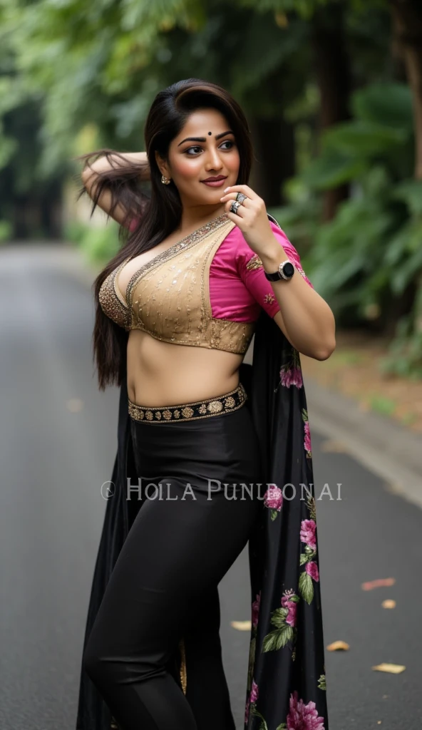 Saira Banu 28 years old beautiful different cute Indian face Indian girl, big bulky m-cup breast, curvy plus size body figure, Botanical Leaf Embroidery t-shirt, different colorful Botanical Leaf Banarasi Saree, different hairstyle, bright eyes, thin eyebrows, fair skin, blushing cheeks, head to thigh close up view, smiling face, ultra realistic skin texture, Straight front view standing Pose, beautiful different Shani Shingnapur Temple background, ultra realistic, close up head to thigh view, black hair, Provocative eye Contact, glossy lipstick, attractive eye contract face, big bulky breast