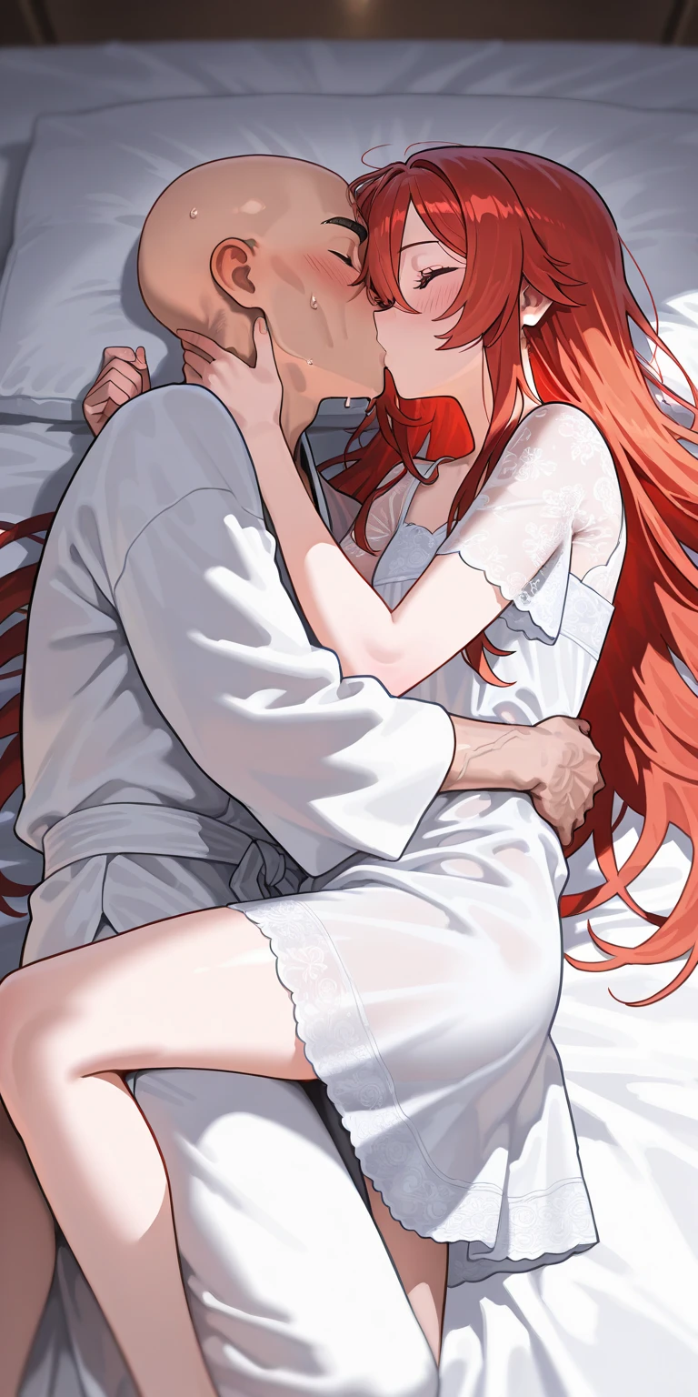 from back,((masterpiece:1.2、Highest quality:1.3,absurderes)),nsfw,Ass pov,having sex,doggystyle,25 year old beauty,独奏,((very small head)),red hair,long hair,blunt bangs,red eyes,gorgeous eyes,tears,sad,profile、medium breasts,((very long body)),((toned body,slender body,)),skinny,gleaming skin,shiny skin,naked,vagina,Ass,anal,creampie,excessive cum,vaginal penis,A dimly lit, simple bedroom、Simple bed、Tokyo、