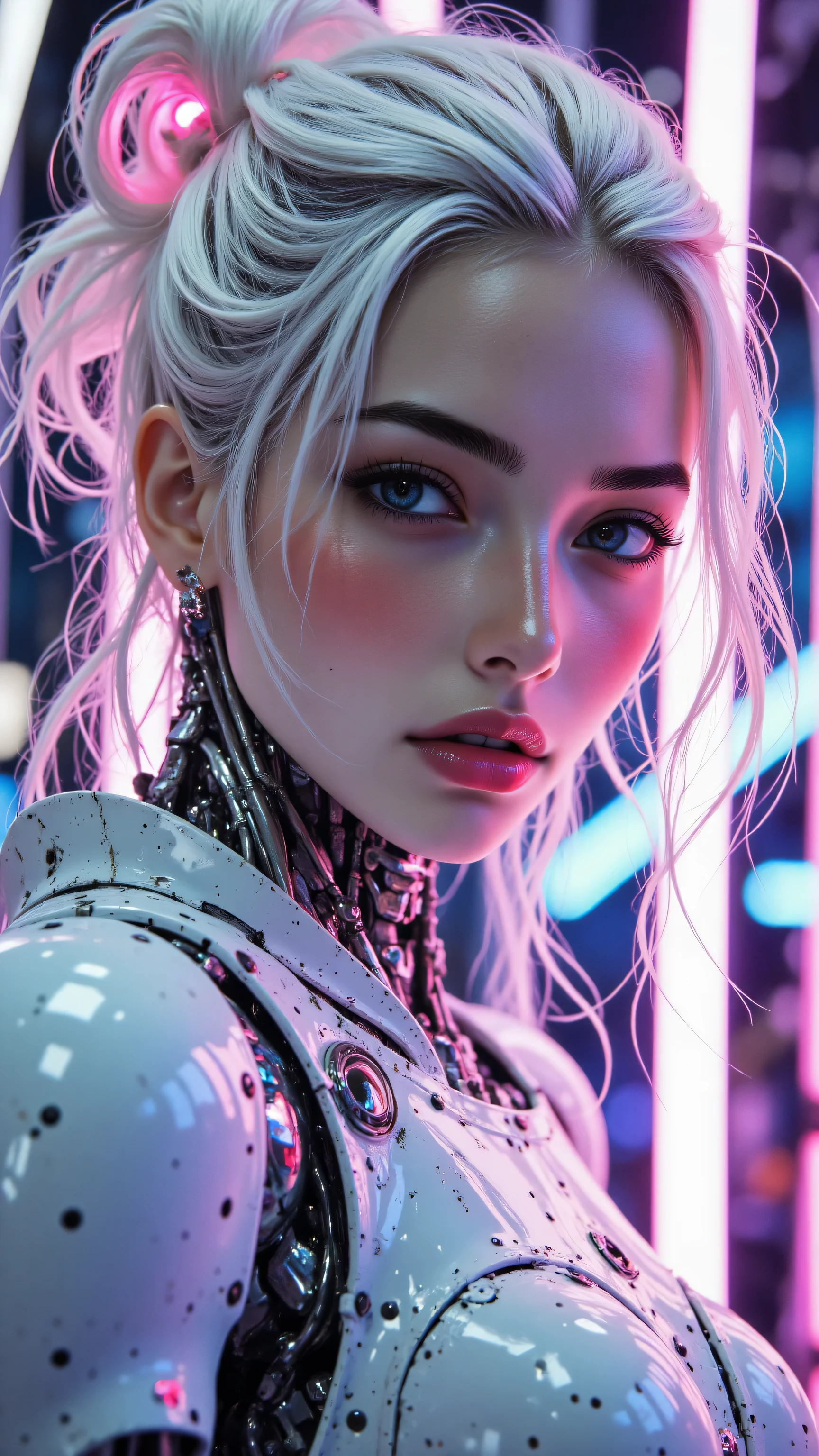 8k, Masterpiece, Top Quality, close-up, slightly low angle, three-quarter view, woman, cyborg, robot, pale skin, glowing purple eyes, neutral lips, smooth skin, metallic details on temples, glowing pink element on forehead, white hair, sculpted hair, updo, glowing pink highlights in hair, white metallic armor, robotic parts, glowing pink elements on shoulder, metallic neck structure, looking down, looking away, abstract background, geometric background, glowing lines, pink glow, blue glow, neon lights, blurred background, artificial lighting, neon lighting, glowing elements, pink light, purple light, reflections on metallic surfaces

