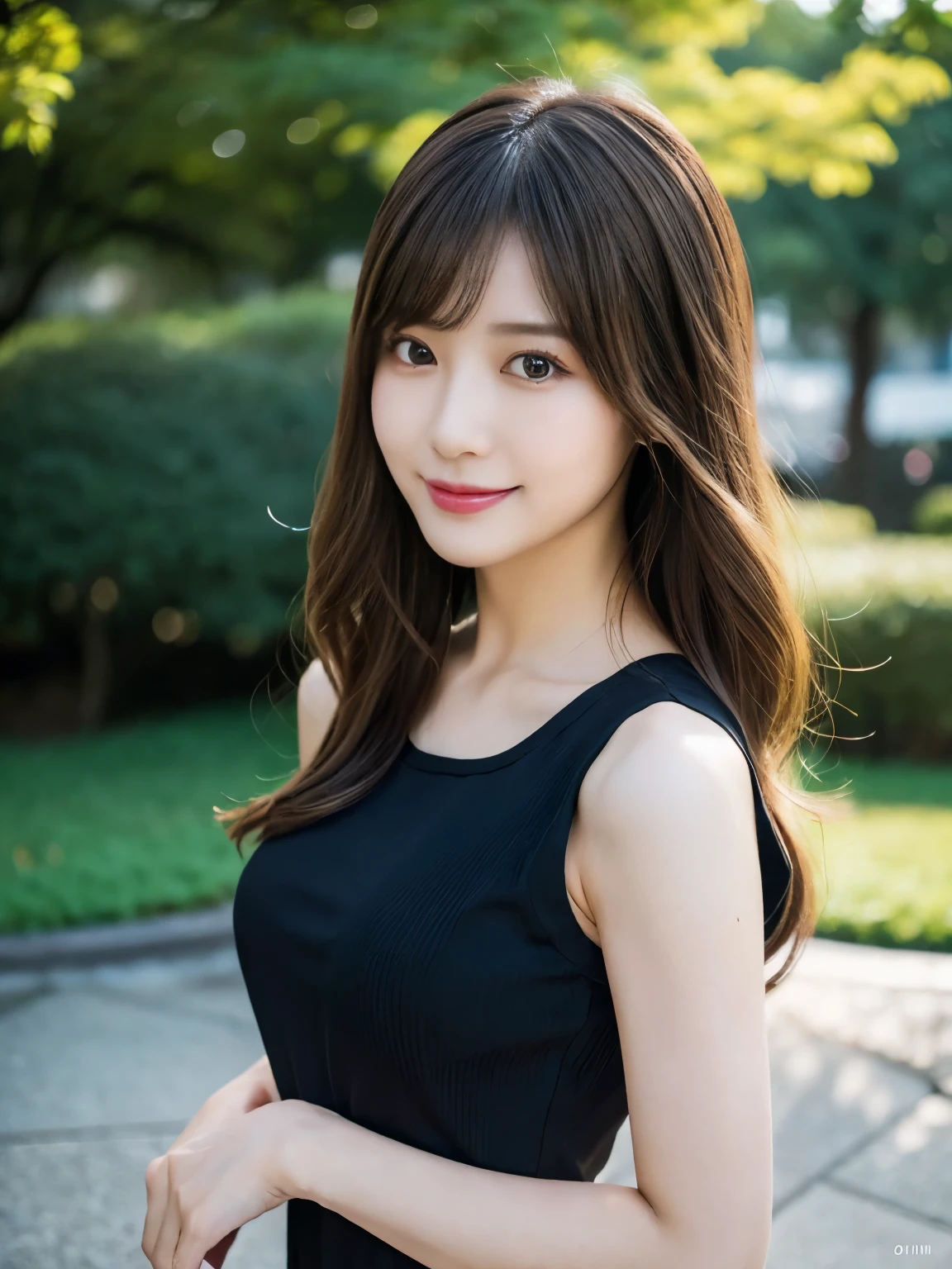 ​masterpiece, 1 beautiful girl, A detailed eye, Puffy eyes, top-quality, 超A high resolution, (Realistic : 1.4), cinematic lighting, Japanese, Asian Beauty, Super beauty, Beautiful skin, A slender, The body facing forward, (A hyper-realistic), (high resolution), (8K), (high detailed), (beautifully detailed eyes), (ultra-detail), (wall-paper)、A detailed face, Bright lighting, professional lighting, at view-art, Facing straight ahead, (The costume a blue knitted dress), Long hair, hair messy, asymmetrical bangs, nighttime scene, Brown hair, Japan idle, Korean Idol, posing Gravure Idol, age23, tall, smile, sunset flower park scene, (Body posture facing the camera),
