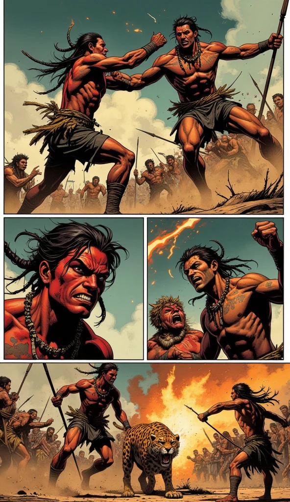 cavemen inside a cave, discovering fire, fire coming from caveman's hand, magic, flame, discovery, astonishment, suprise, men, masculine, beard, messy