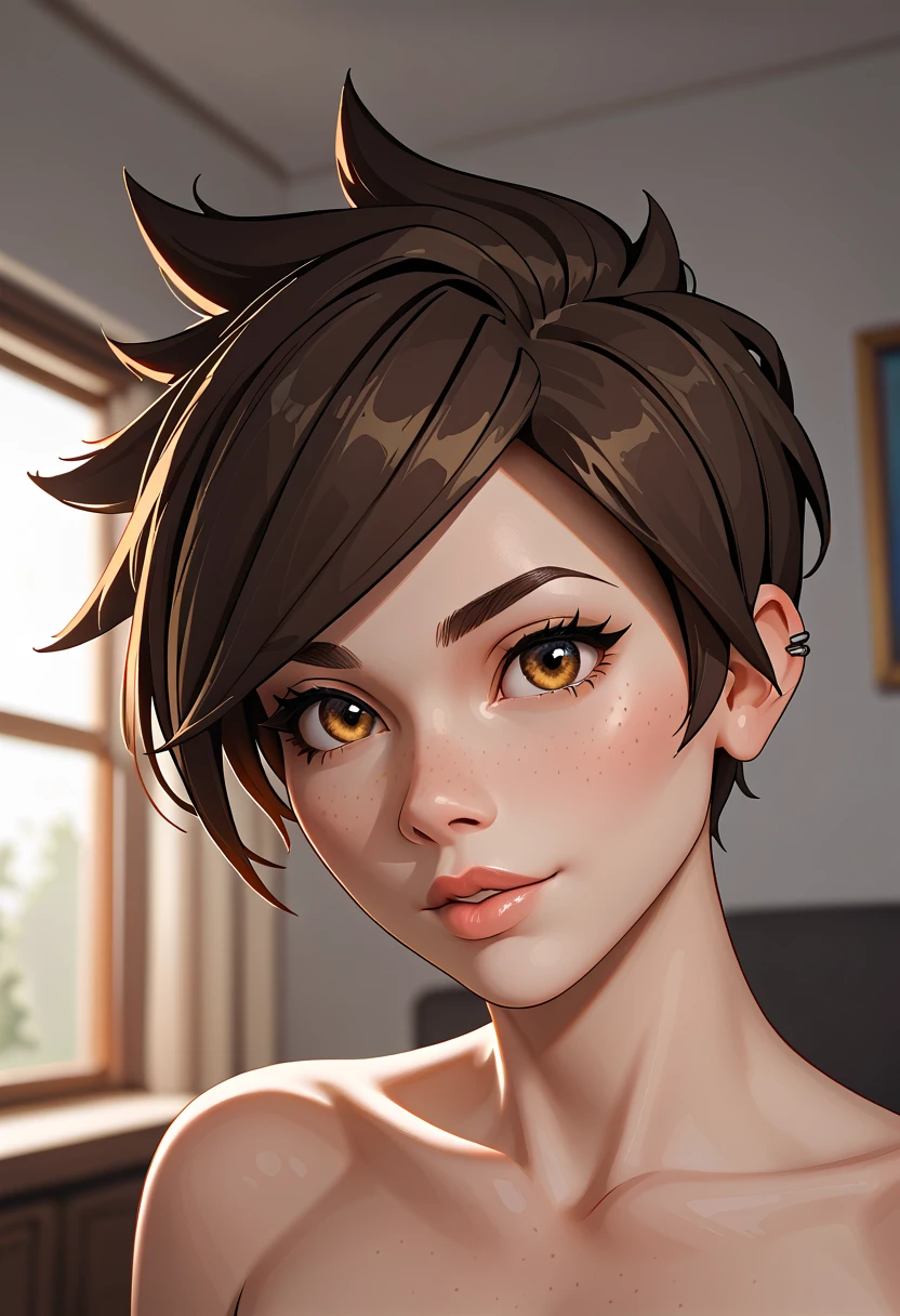 VHS cover for a porn starring tracer. hoop-earings. biting her lip. young, naked. nude. slut. small_boobs, nipples, pussy, body, huge ass, freckles. pornstar nsfw