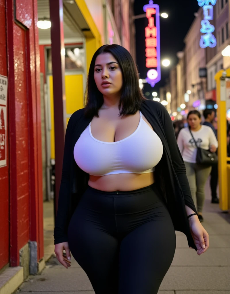 mommy body, plump shape, 35-years-old woman, black hair shoulder-lenght, walking down the city, highly detailed
