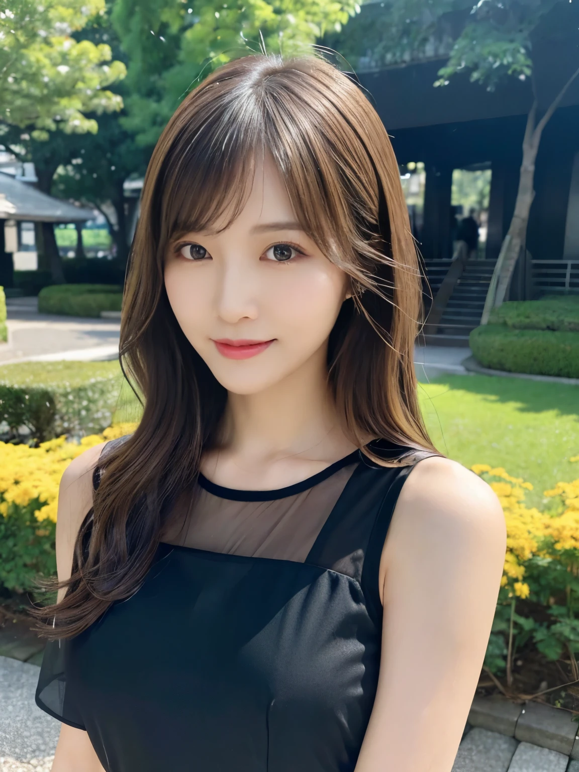 muste piece, best quality, illustration, Super detailed, fine details, High resolution, 8K Dende Wallpaper, perfect dynamic composition, beautiful detailed eyes, she is wearing a black tank top,medium hair,natural color lip, shy smile,Harajuku style、20 year old girl、There is only one person, bust up photo、don't tilt your head、correct posture、stretch your back、Never show your hands、stand up straight、cute type、looking at camera、D cup breasts、golden hair、I won't touch you、Blurred night pool background