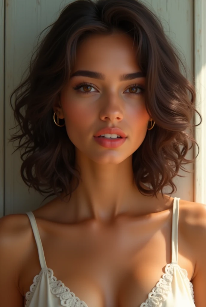 Afro-Latina woman aged 18, mixed-race woman, 1girl, solo, athletic build,  brown hair, brown eyes, African nose, big lips, long curly hair, tight curls, constricted pupils,  Hyperrealism, cinematic lighting, bust chart, perspective, Ultra-Wide Angle, Nikon, masterpiece, high quality, super detail, textured skin, highres, best quality, whole-body photo