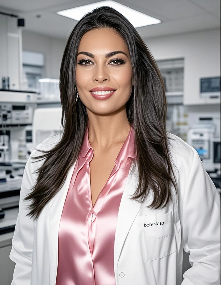 Full body shot, in an pharmacy, full body view. Stunning and gorgeous tanned 60 years old voluptuous buxom Arabic woman , mature face, glasses ,gorgeous, long black hair, well-endowed, tight black dress, pharmacy, , wearing pencil skirt, white labcoat and high heeled stilettos,