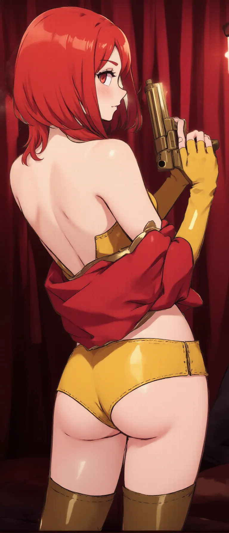 1 femboy, green eyes, very Short hair, pink choker, lipstick, Shy, pink hair , tomboy Pixie haircut, femboy hooters, cowboy shot, flat chest, ponytail, arms up