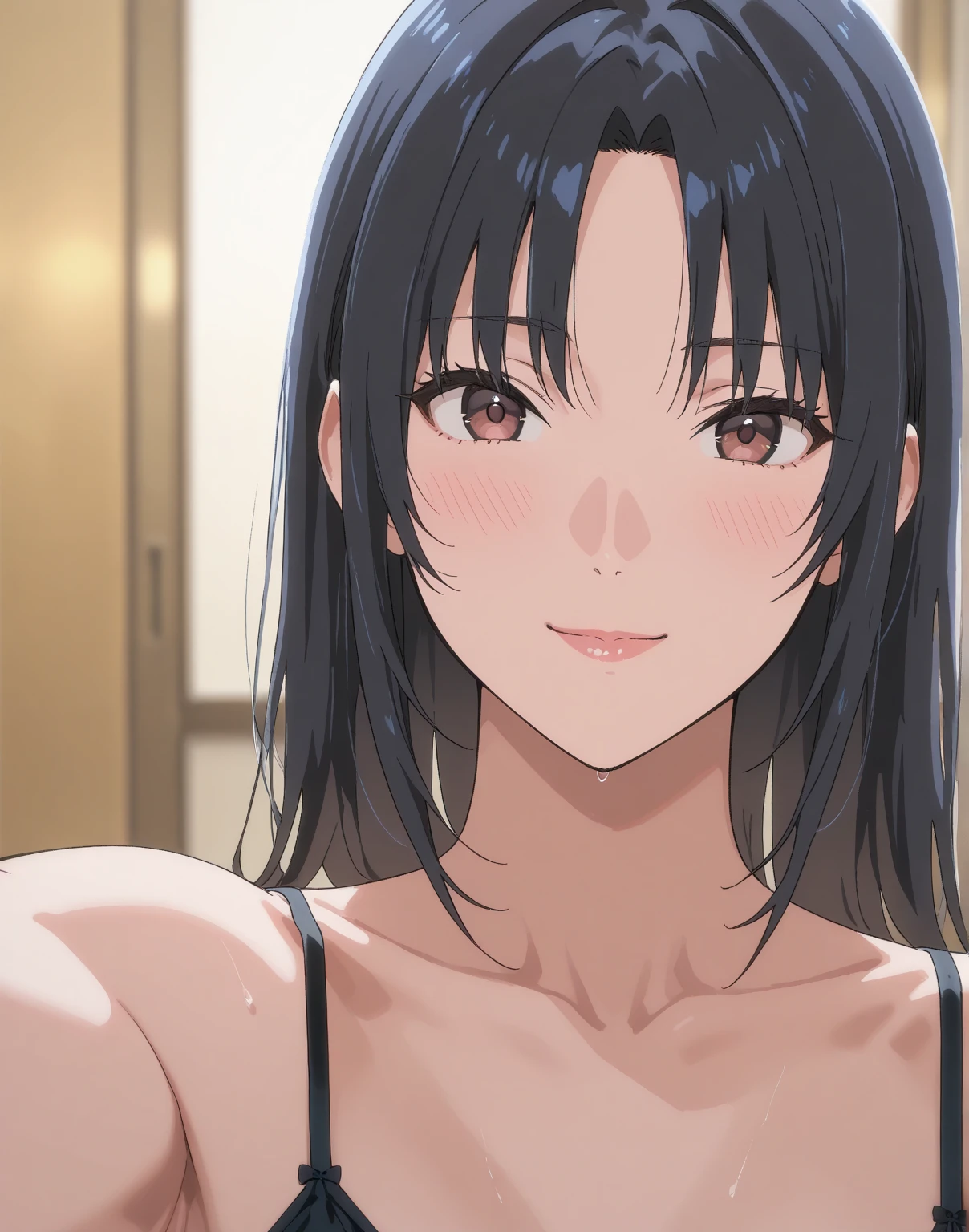 A middle-aged woman named Minako Kazama, standing and smiling warmly. She is around 155 cm tall with a healthy, average build that gives her a soft and gentle appearance. She has light brown hair in a medium length, just touching her shoulders, with straight bangs that give her a cute and youthful look. Her face is round and friendly, with large, bright eyes that resemble her son Daisuke's. She is 4, and her appearance reflects a touch of maturity and experience appropriate for her age, while still maintaining her cheerful and warm demeanor. The image should convey a sense of her maturity, with slight wrinkles or other age-appropriate features, while still showing her warm and comforting presence.