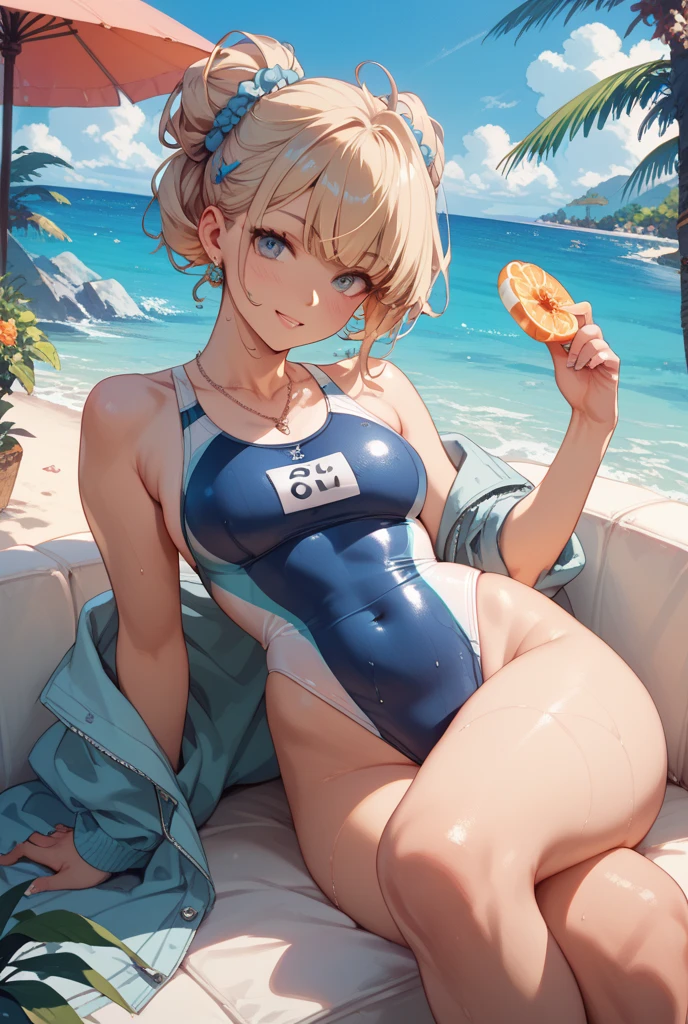 ((Latex Old School Swimsuit:1.3、sit, Spread your legs:1.3)), ((Shiny Costumes)), skindentation, skinny, solo, 1 woman, Masterpiece, highest quality, highest quality, 16K, incredibly absurd, highly detailed, 2.5D, ai-generated, delicate and dynamic, very delicate facial expressions, delicate eye depiction, erotic, only sexy woman, ((A cute and kind face)), healthy figure, ((25-year-old woman)), 160cm tall, medium firm swaying bust, , blush, Sweat,Embarrassed,sexy, ((thin thighs)), (camel toe:0.7), (visible nipples:0.3), (Erect nipples,:0.7), shiny and lustrous, facing straight at viewer, (((in heat))), ((Oily_skin)), ((Lots of sweat)), (((Brown Skin))), ((dutch angle)), ((erotic pose)), ((Sitting on a big watermelon)),
