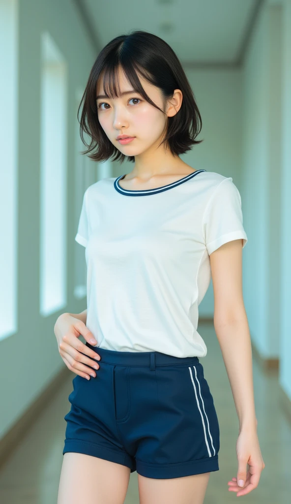 Picture taken from the front, with the left and right sides equally spaced, draw symmetrically, simple background, equally spaced left and right, stand upright, cowboy shot, (arms behind back:1.5), One girl, 18 years old, very short hair, ((white t-shirt, navy blue panties))