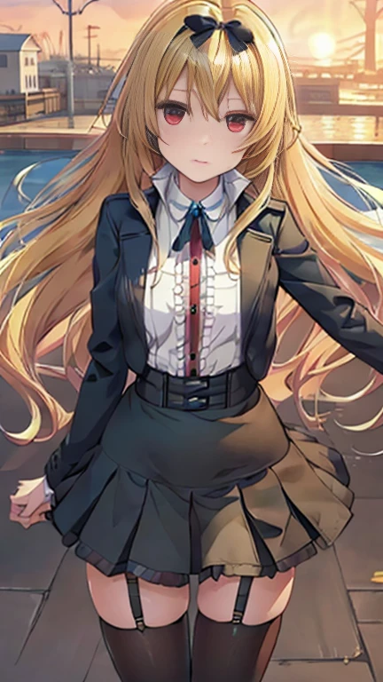 masterpiece, best quality,  <lora:hiiragiasuka-nvwls-v1-000009:0.9> hiiragi asuka, hairpin, black serafuku, white necktie, black skirt, white thighhighs, furrowed brow, serious, hand on hip, from below, blue sky, cityscape