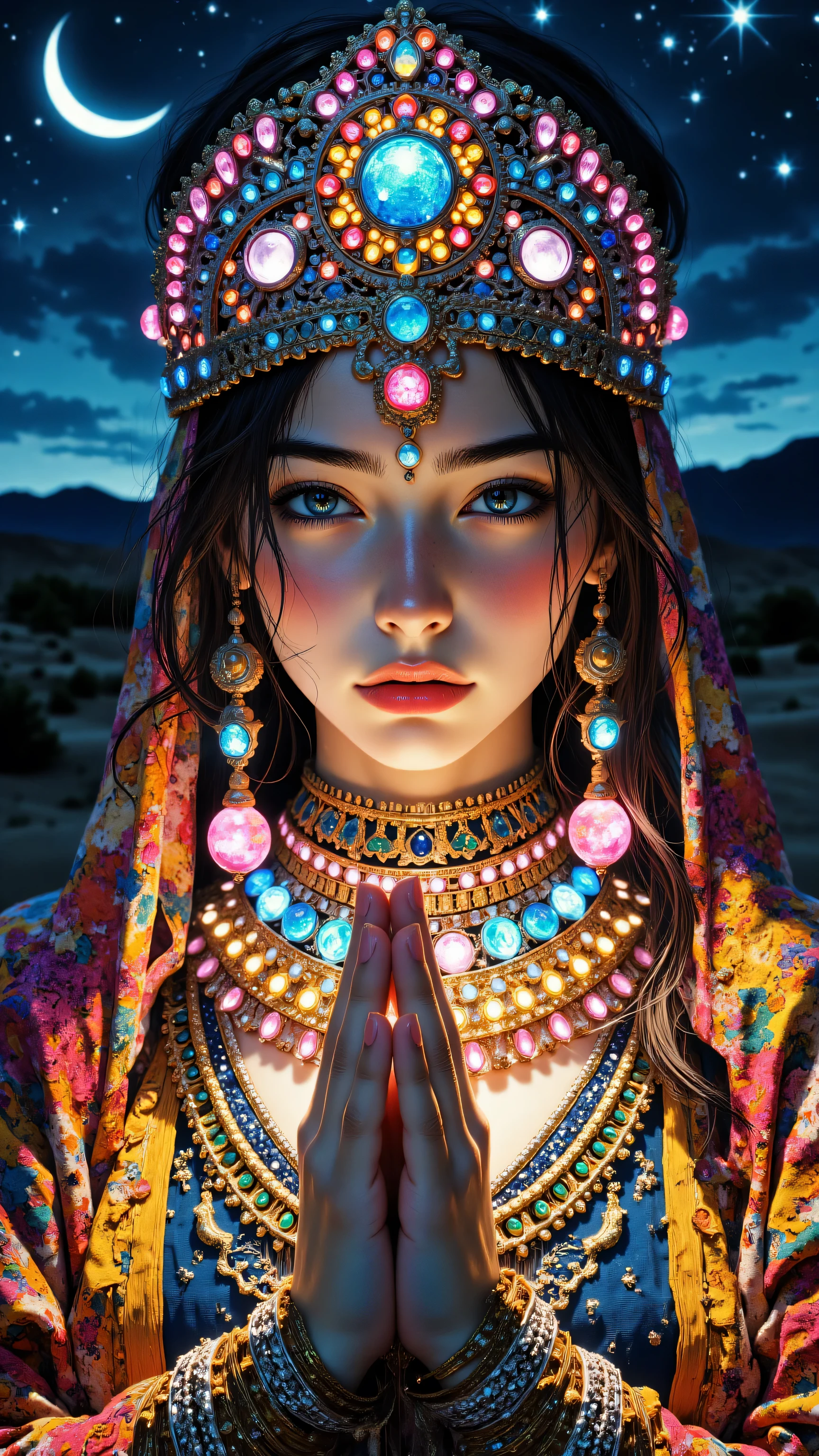 8k, Masterpiece, Top Quality, woman, fair skin, light-colored eyes, looking down, hands together in prayer position. Wears vibrant glowing ornate headdress and collar, adorned with various gems, along with matching ornate bracelets. Desert background with a crescent moon and glowing stars. Vibrant lighting, dramatic atmosphere.