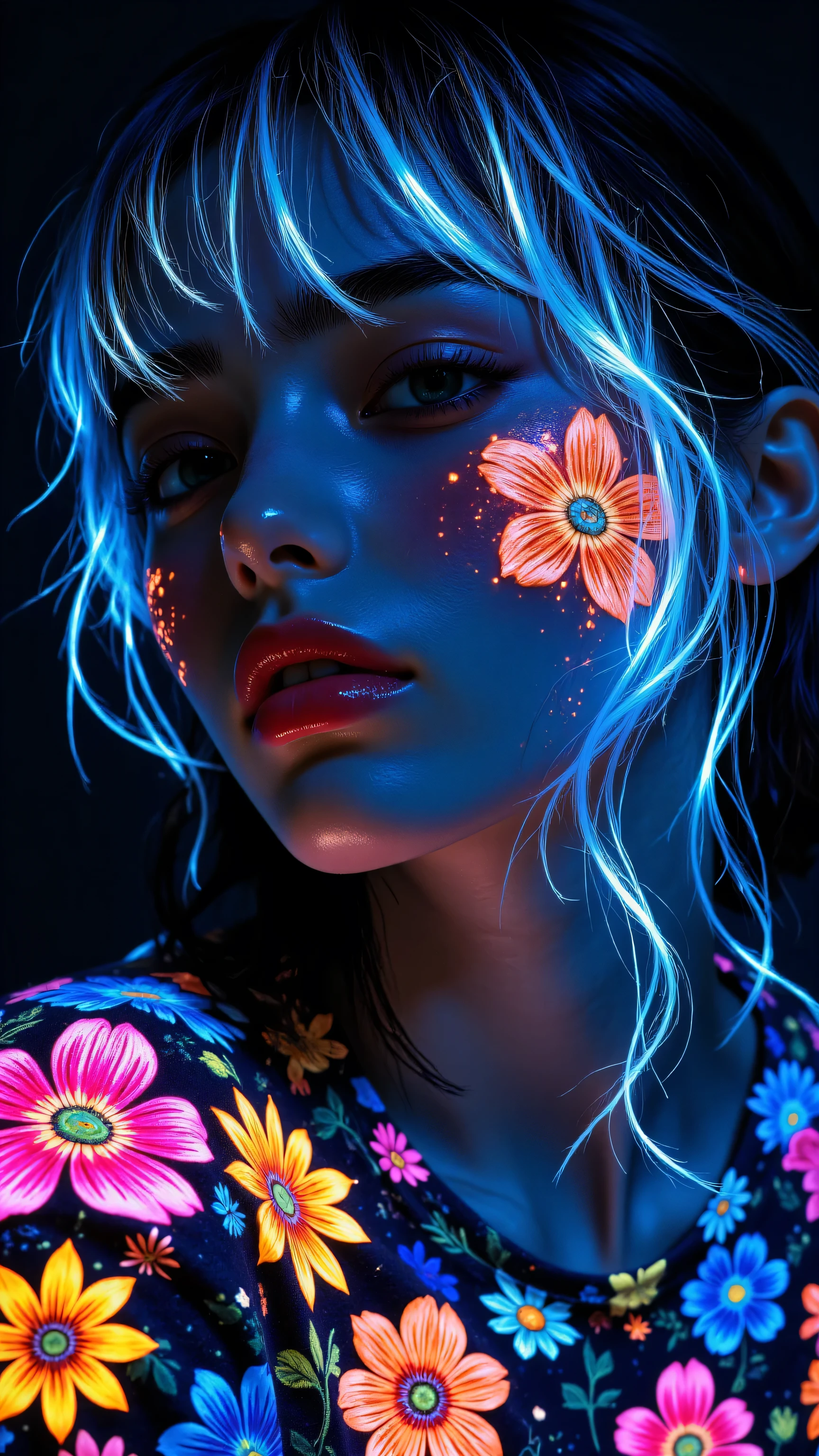 8k, Masterpiece, Top Quality, close-up, woman, neon art style. Dark face, closed eyes, bright pink lips. Luminous blue neon hair shows flowing light lines; hair includes glowing neon flowers (pink, orange, yellow). Neon floral patterns appear on cheeks and shoulders. Plain black background, vibrant blue, pink, yellow, orange neon lighting.