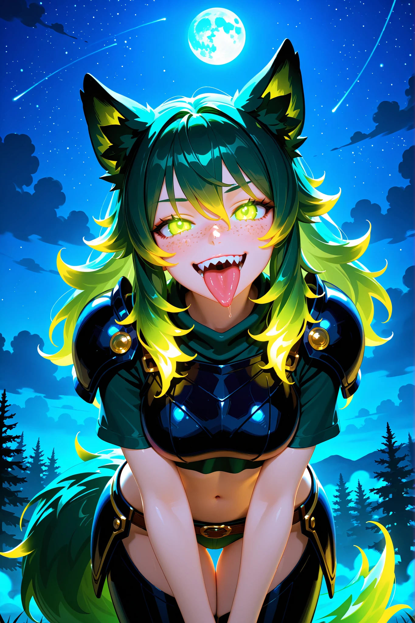 Masterpiece, best quality, amazing quality, absurdres, very aesthetic, lazypos, 3D, 1 woman, 5 feet tall, slim, medium-big chest, large hip, dark green shoulder long hair, fluffy hair, wolf ears, fluffy ears, wolf eye, fluffy tail, sharp canine teeth), wearing black armor with short sleeves , dark green crop top showing midriff , (shoulder armor , chest armor , hip armor, lower leg armor), smooth natural moonlight with soft shadows , night , outside , backdrop of a dark forest , stary sky with moon , adventurous , fantasy-themed atmosphere , detailed background , fog , confident, (many freckles on nose line, hip, thigh, ass cheek and chest:1.48), slightly flustered, (glowing eyes, glowing hair tip, green eyes, wolf eyes, feral eyes, detailed eyes, detailed face, very detailed teeth), (thigh gap:1.27), (detailed chest), teasing, bend forward, tongue out, large tongue, lewd tongue, tongue kissing, lewd expression, mouth inside, yuri, smug, (spirits, female, moon spirits, teasing), close up face view