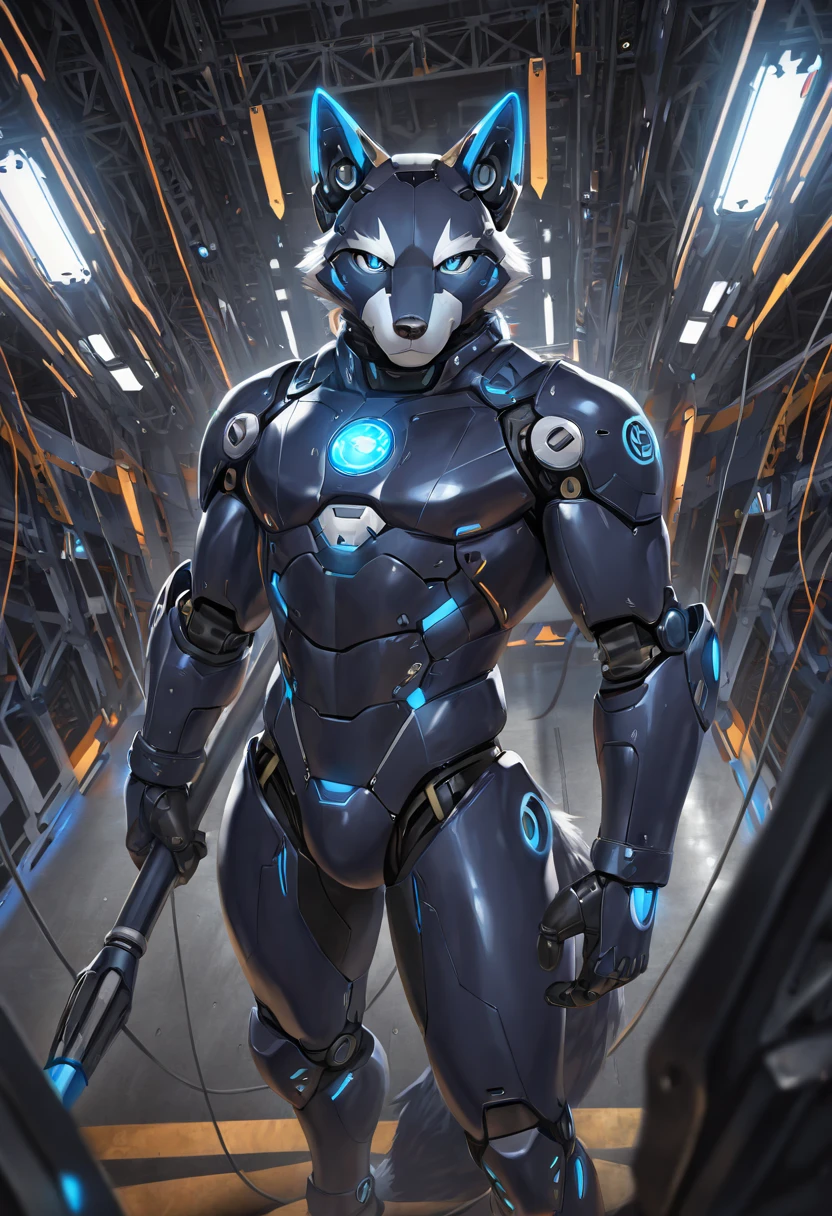 By taran fiddler, by pixelsketcher, by darkgem, by honovy, by foxovh, solo, male, lean, athletic, (canine), ((robotic, military cyborg, plastic body, synthetic face, grey body)), industrial, utilitarian, (hands behind back, snout), sci-fi factory, nude, (bald)
