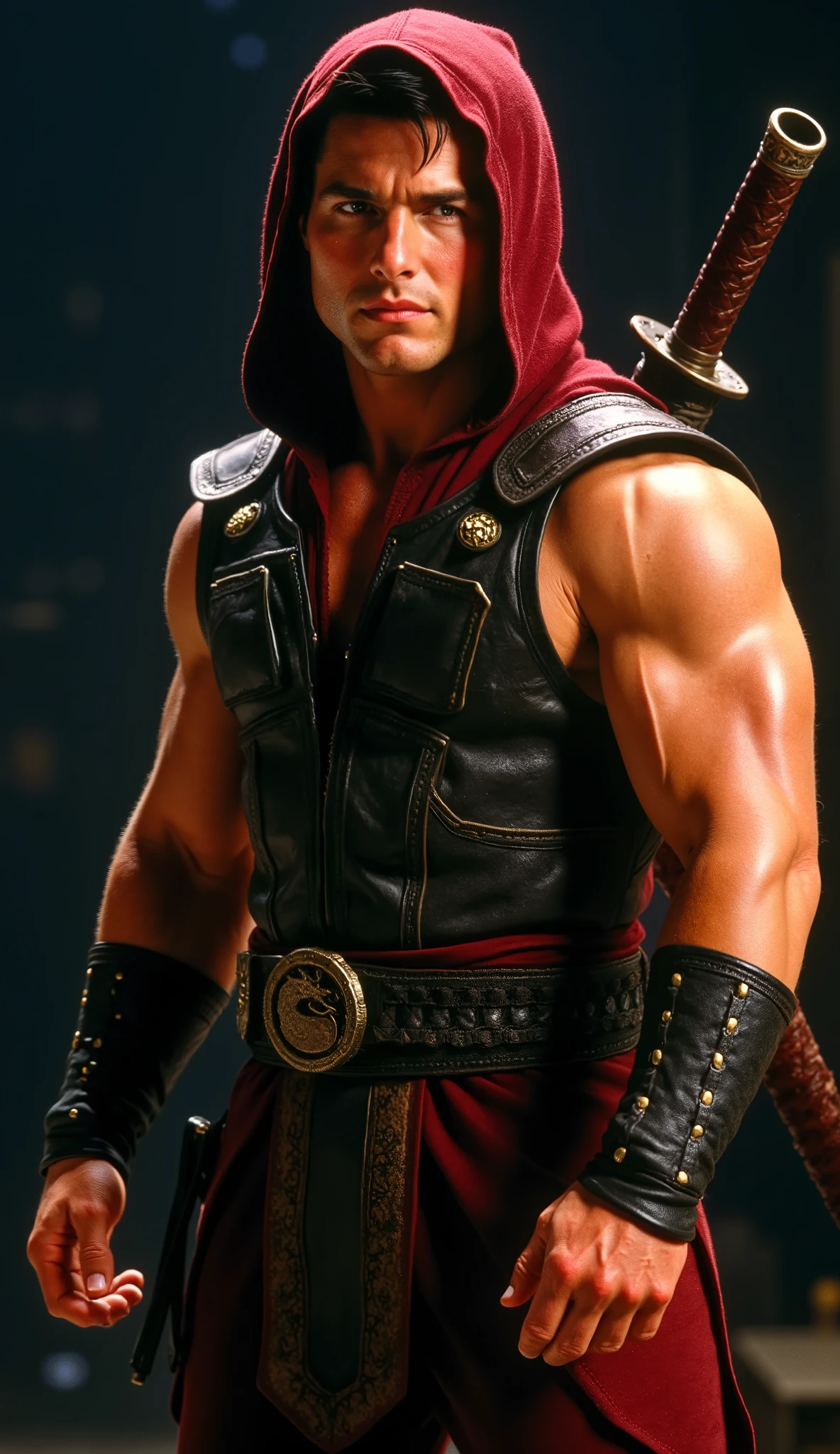 A muscular, intimidating ninja warrior resembling an older Tom Cruise, wearing a dark red hooded outfit and armored leather chestpiece, with glowing eyes and a confident smile on his visible face, short brown hair slightly graying and partially hidden under the hood, standing proudly with a sword strapped across his back, dark cinematic background, dramatic lighting, ultra-detailed textures, Mortal Kombat character design, 4K resolution
