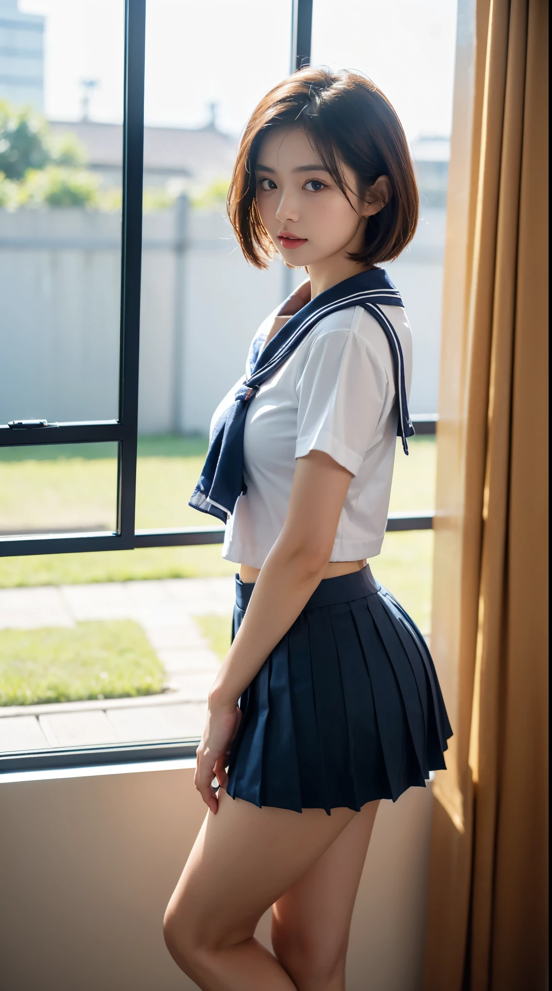 (masterpiece:1.2, highest quality), (realistic, photorealistic:1.4), beautiful illustrations, (natural side lighting, movie lighting), Depth of written boundary,
looking at the viewer, Front view, 1 girl, English, high school girl, 18 years old, perfect face, Cute symmetrical face, shiny skin, open legs,
(bob hair:1.7,blonde), asymmetrical bangs, Big eyes, droopy eyes, long eyelashes chest), thin,
beautiful hair, beautiful face, fine and beautiful eyes, beautiful clavicle, beautiful body, beautiful breasts, beautiful thighs, beautiful feet, beautiful fingers,
((fine fabric texture, brown knit vest, short sleeve white collar shirt, navy pleated skirt, Navy bow tie)),
(beautiful scenery), evening, (Inside the flower shop), Are standing, (smile, Upper grade, open your mouth), (((skirt lift, sexy_white panties, genitals visible))), full body shot, dark blue socks,