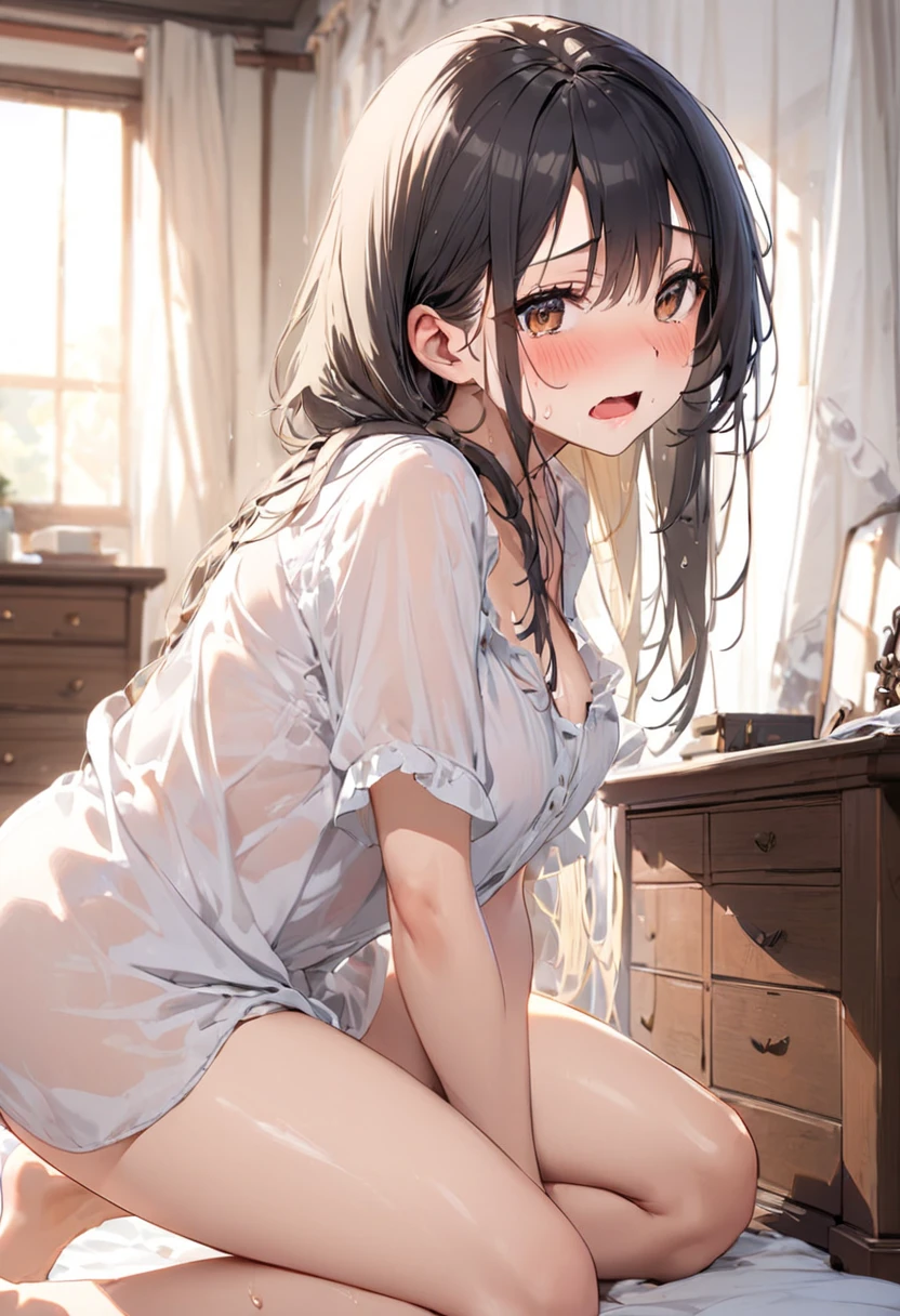 masutepiece, Best Quality,Illustration, Wallpaper, Ultra Detail, Little Face Lori、((fear:1.3))、(Teary-eyed:1.5)、(((Cute underwear)))、ample breasts、pupils、Semi-long hair、She makes me lie down and spread my legs.