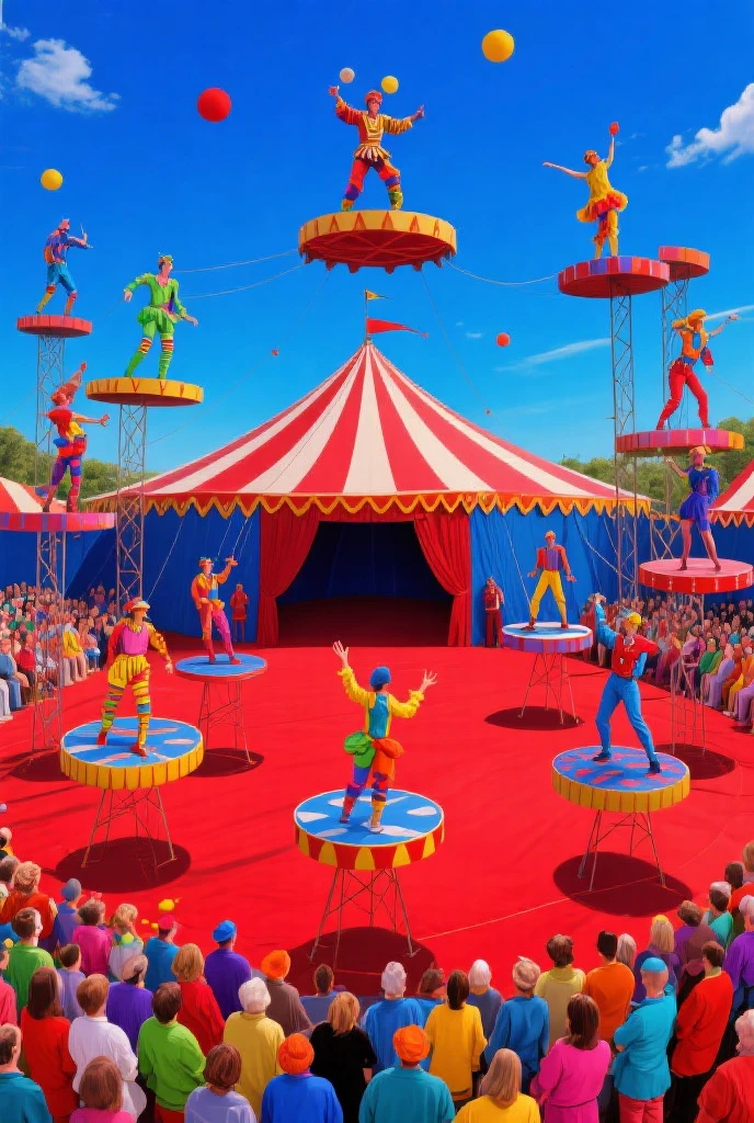 An over wight and huge women in the circus stands on a ball she wears circus outfit and she has an pale face and reaction 