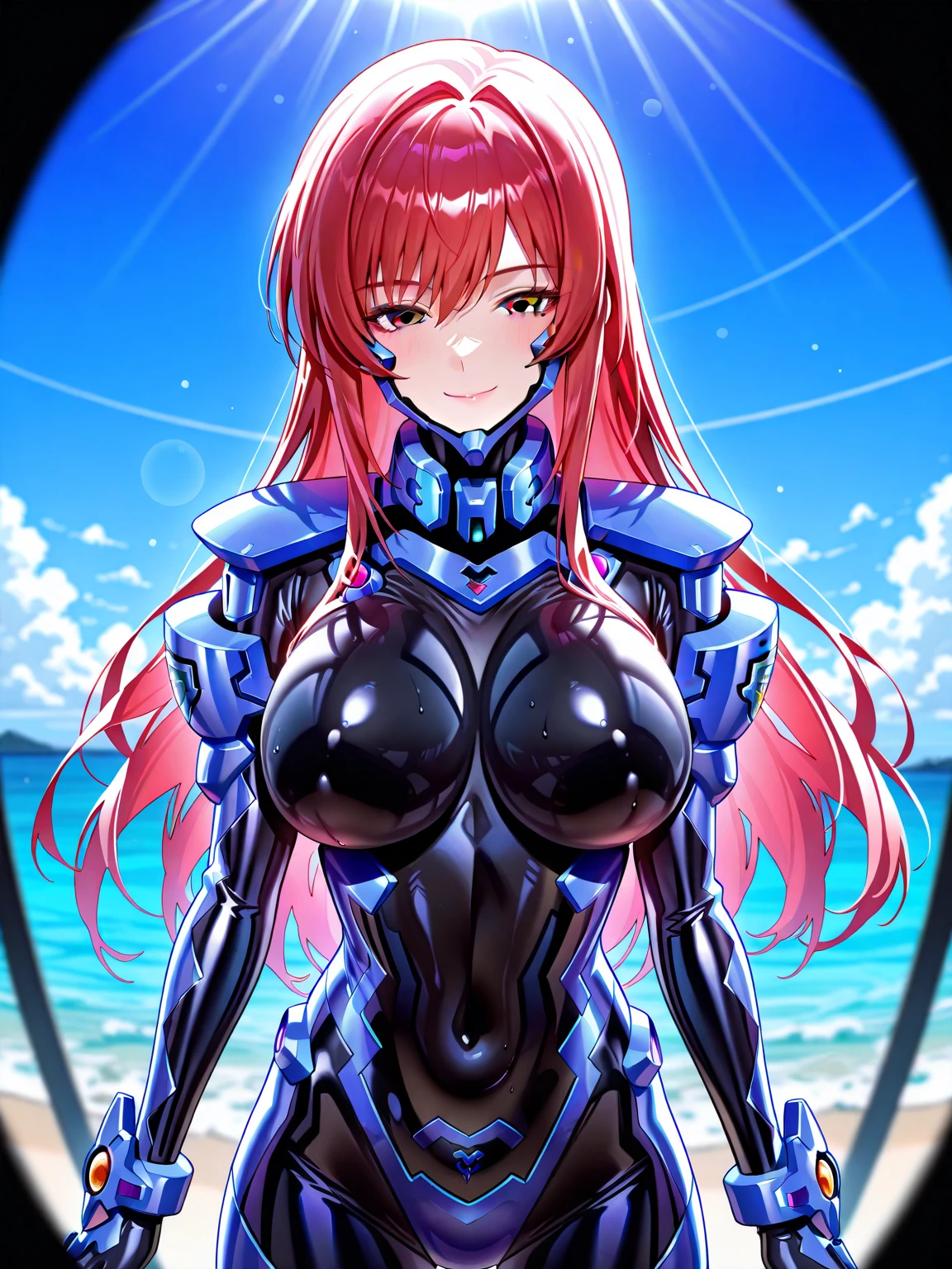 high quality、High resolution、1 female、(((Big Breasts)))、blue metal armor、Redhead、blue eyes、ponytail、Tree Eyes、female knight、High Leg Armor、in the water of the waterfall、Transparency of clothing,pelvic_curtain