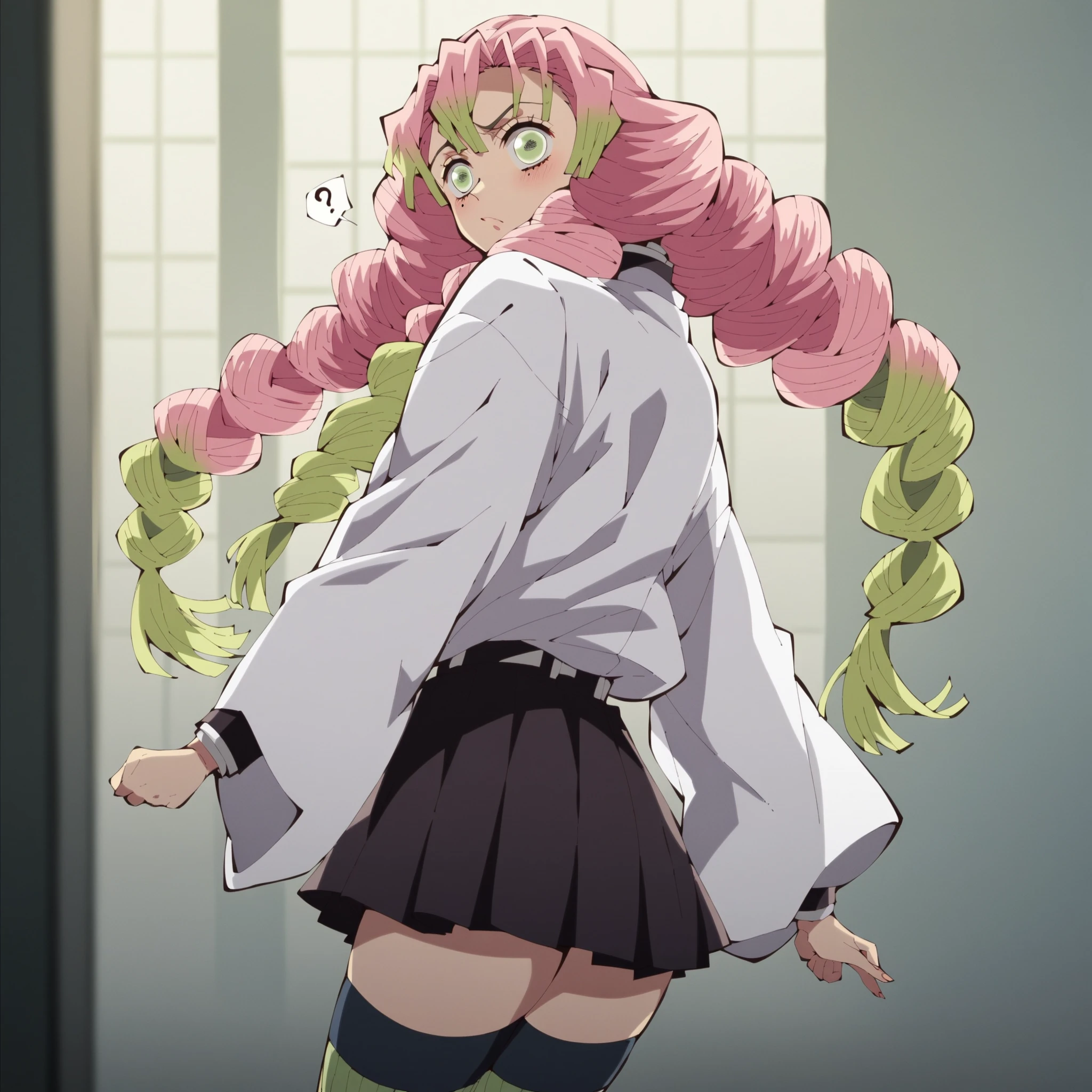 (masterpiece, Digital Art, Digital Illustration, 4K, 8K, Ultra-detailed, beautiful image, Sharp Image, Photorealistic, Raw photo, Perfect face, Perfect lines, Perfect eyes, Soft lighting), ultra detail, Mitsuri kanroji, (((upper body focus))), from behind, (((big booty, show booty))), (((lift up skirt, black skirt, pleated skirt, belt, white belt, long sleeves, jacket, white jacket, thighhighs, green thighhighs, open clothes))), (((blush face, smile)))
