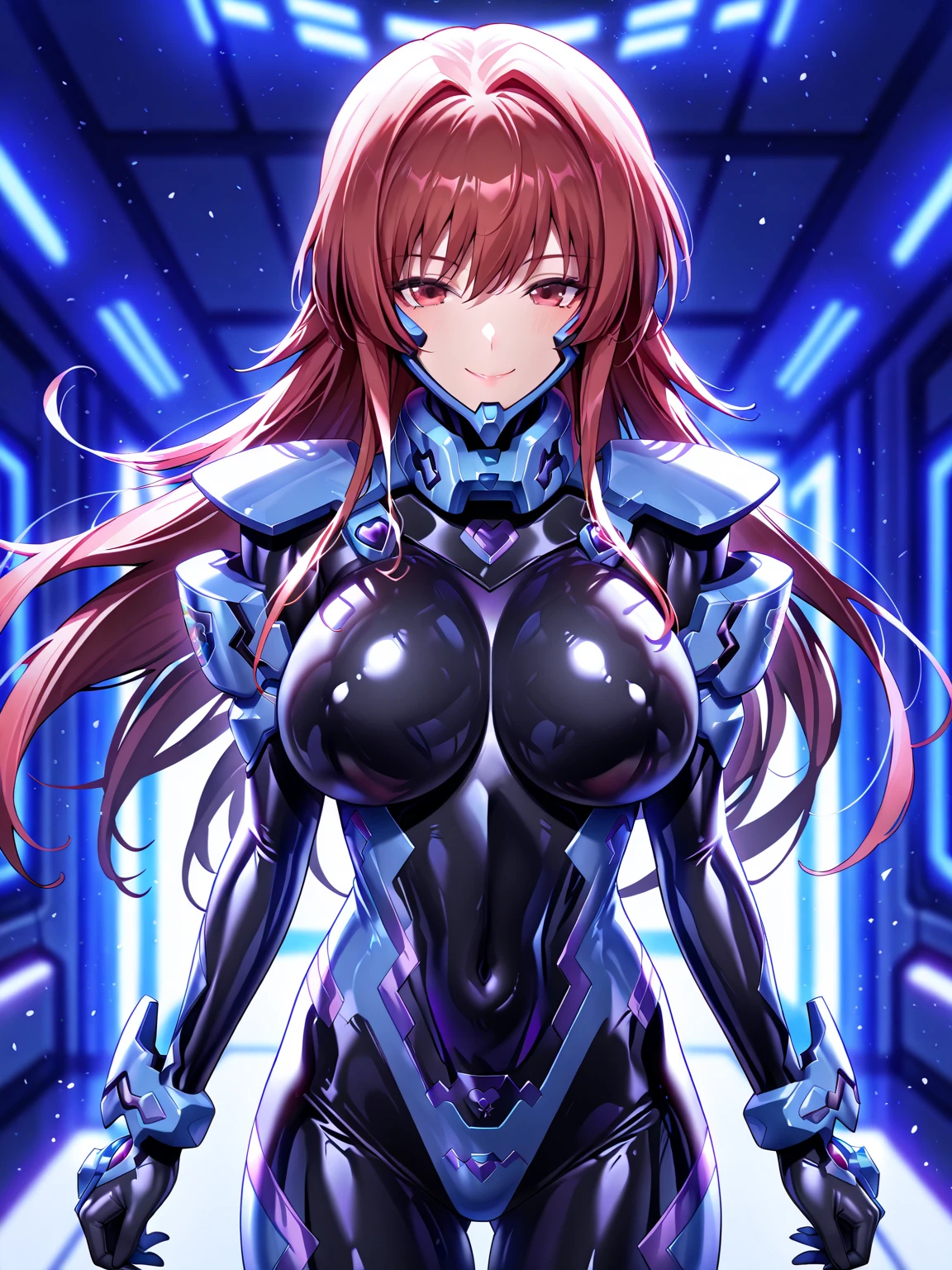 (large breasts:1.5),(shiny hair),((solo)),((masterpiece)),((best quality)),perfect anatomy,slim waist,perfect image,8k UHD,(beautiful detailed eyes:1.3),extremely detailed face,standing,(upper body:1.2),(look at the front:1.5),arms behindback,ultra-detailed,absurdres,highres,QUN,TWO-TONE BLUE HAIR,(COLOR) ZELSIUS SUIT,BLACK ARMOR,(shiny yellow zelsius bodysuit),(latex),indoor arena,twintails,