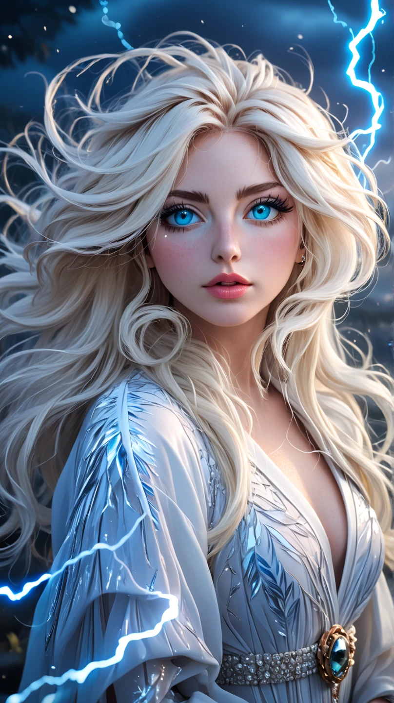 Generates a woman with white wavy hair, with blue eyes and white eyelashes.
Make it the most beautiful, more beautiful than any woman, in anime style.
May your body have curves