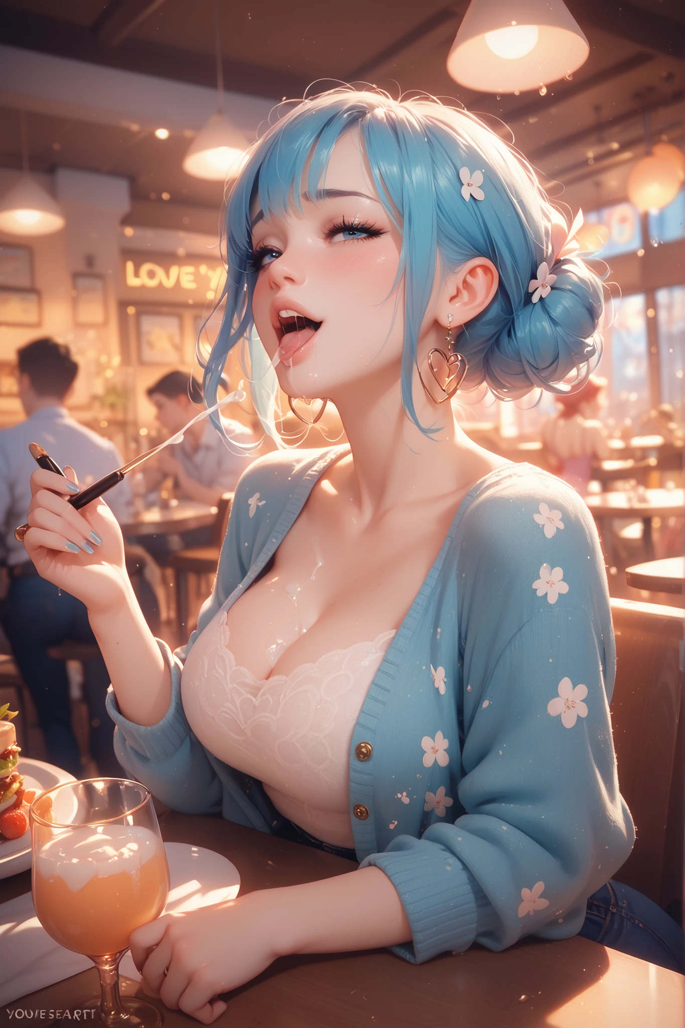 Best quality, Masterpiece, Portrait, Perfect anatomy, Femininity, Cool, Flawless, , Solo, Sexy, Stylish, Mature, Purple eyes, Long light pink hair, Mole above lip, Red lipstick, Big breasts, Outfit, in a cafe with girl with light blue hair drinking coffee