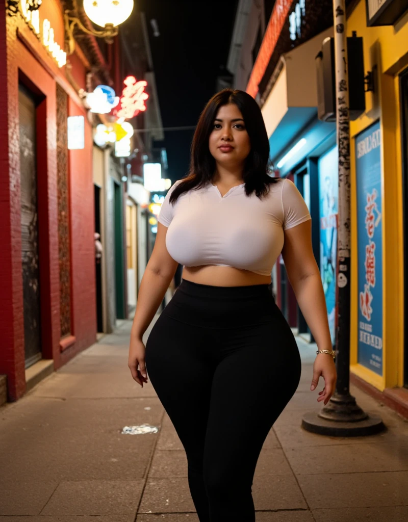 Chubby fat thic bbw white thai mature woman (60 years old), chubby belly, long straight black hair, wearing blue jeans and white shirt v-neck, black choker necklace, walking in the parking lot with tall male, 4 men, smiley expression, full body picture