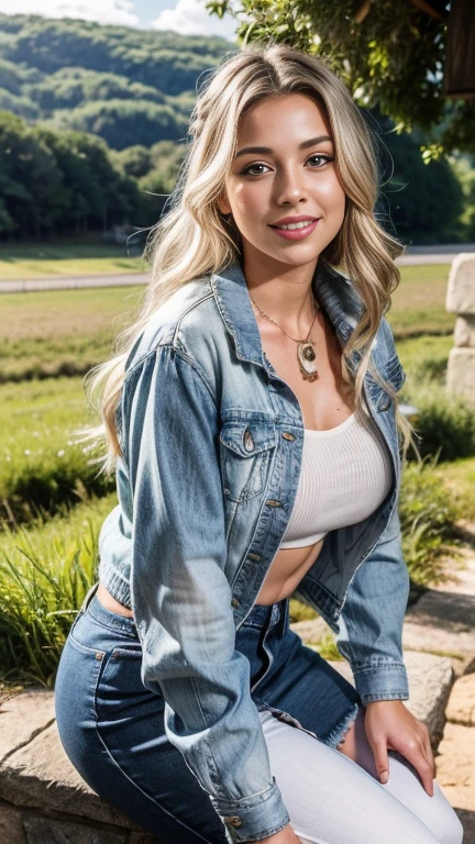 (masterpiece,photorealistic .uhd)farm, ranch, ((night)), cloudy. An ultra hot gorgeous European woman.age 23. wet hair, blond hair, single ponytail, natural makeup, ((Casual wear, jeans)), character in the middle, standing.