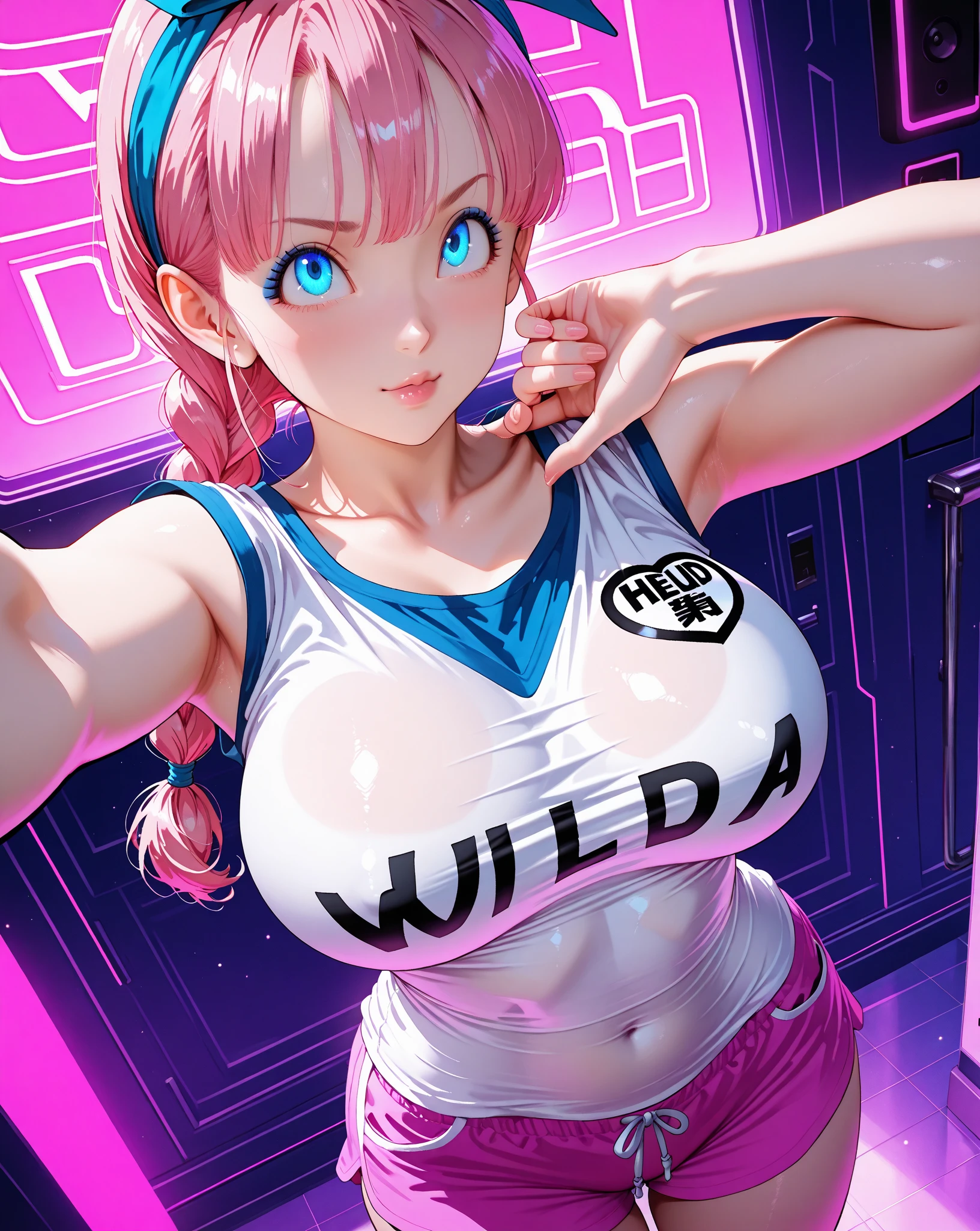 4K, A high resolution, Best quality at best, masterpiece, perfect colors, perfect shadow, perfect litthing, ((sportrait)), 1woman, fit body, heterochromia eyes,dark blue hair , blue eyes, With round lenses, The audience watched carefully, (s face: 1.2), Perfect female figure, ((dynamic pose)), ((blue and pink Tight crop top blue and pink leather suit)), ((shy and looking at viewert)), (Perfect thick white eyebrows) Delicate fur, 详细s face, s the perfect face, , (dynamic pose), big breast, open half breast