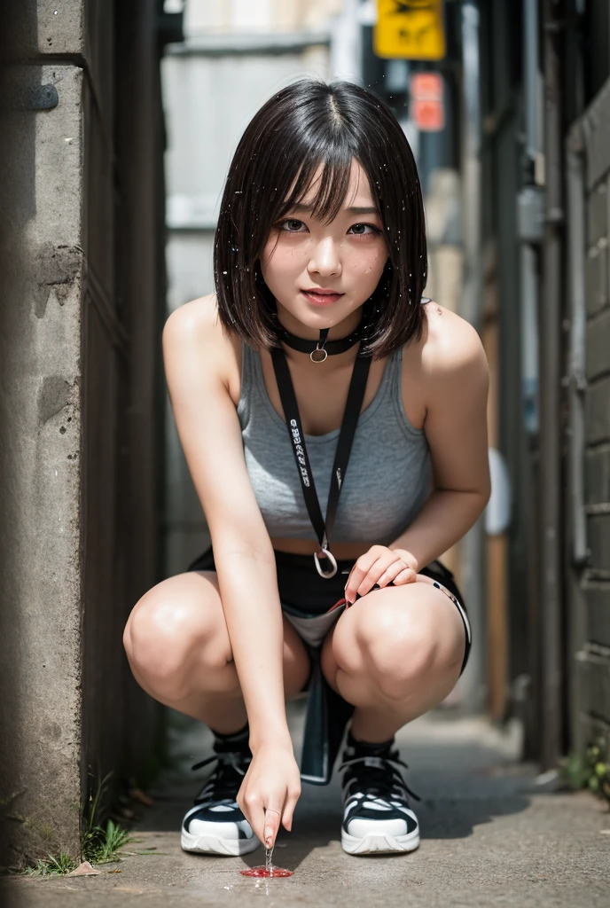 Elementary school student wearing a small swimsuit, masterpiece, highest quality, black hair、bob cut with trimmed ends、flat chest、thin crotch、lolicon、belly button、red cloak、pointed nipples、(((squat)))、Summer beaches in the southern country