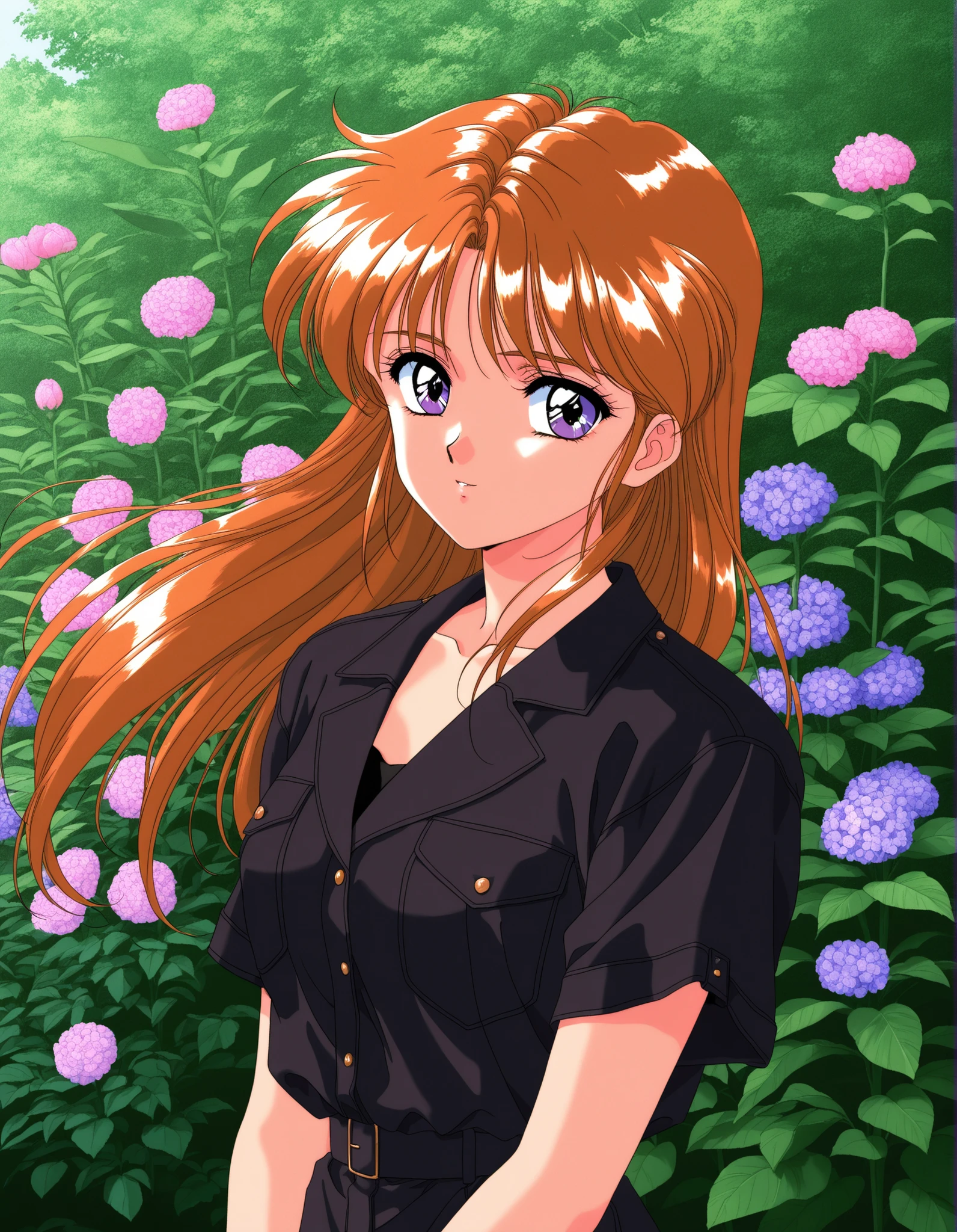 General,highres, ultra-detailed,very aesthetic,best quality, BREAK rika, black top model, 1990s (style), retro artstyle, game cg Style, garden with flowers, wind Sunny