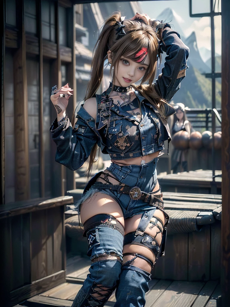 (Beautiful lips and nose:1.4)、(Long eyelashes:1.4)、(Smiling with teeth showing:1.3),(Shibuya Gal:1.5)、(Gothic Lolita delicately decorated dress:1.5)、(Tattered denim and black punk rock cargo pants:1.5)、(Denim and black navy skull mark small jacket:1.4)、(denim garter belt:1.5)、(Black and denim knee socks:1.3)、(Skull Silver Accessories:1.5)、(Denim collar:1.3)、(Brown Skin Belt:1.4)、(Brown boots:1.2)、(The underwear is striped:1.4)、31 years old、((Highest quality、In 8K、masterpiece:1.3))、Sharp focus:1.2、(Layered Cut、Huge boobs:1.1),Beautiful woman with perfect figure:1.4、(Dancing vigorously:1.3)、Slender Abs:1.2、Highly detailed face and skin texture、Detailed eyes、double eyelid,(Twin tails:1.3)、(Brown-golden hair:1.3)、Gravure idol、(The background is a vast mountain with a clear view々Beautiful luxury resort destination in Europe:1.3)、(Slim Body:1.2),(Make your legs thinner:1.4),(clavicle:1.1)