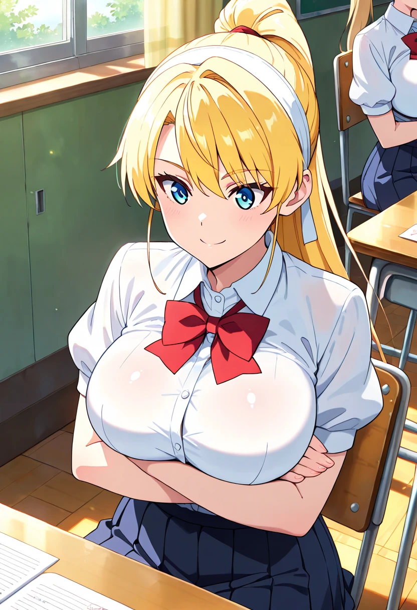 (masterpiece, best quality, ultra-detailed, high resolution, detailed eyes), takeda hiromitsu style, 1 girl(17 years old), (waitress), blonde long hair, solo, large breasts, looking at viewer, pov