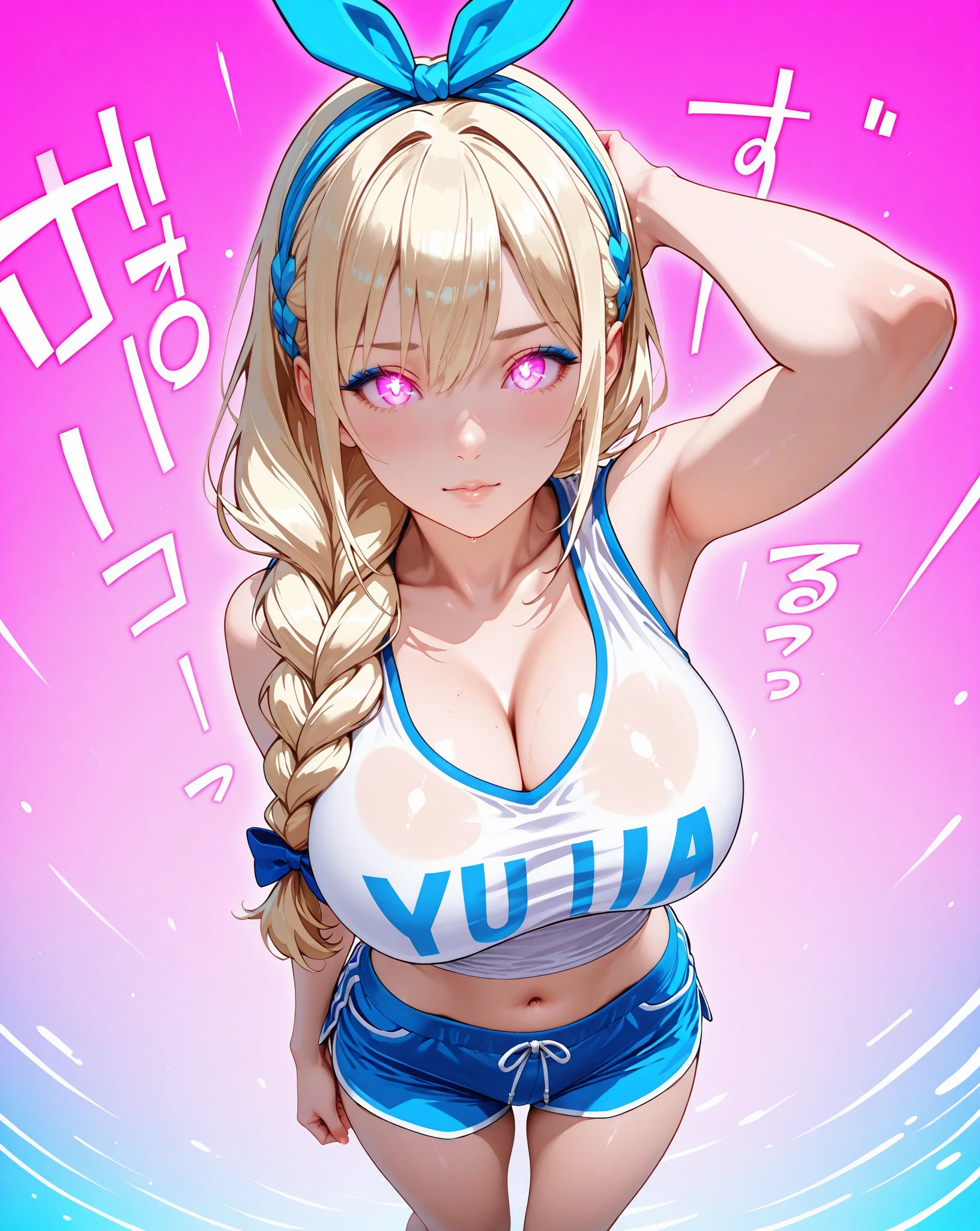 bulm4_0r1g1n4l_0ut1f1t, olhos azuis, glowing eyes trees, blue eyeshadow around the eyes, big breasts, pointy breasts, cabelo azul, long hair, Braid, bow on the head, pijama, sleeveless shirt, short shirt, semi-transparent shirt, camisa rosa, short curto, short solto, meia branca. Expression of shame, timidez.
is standing, taking off the shorts, looking at the viewer, your pubic hair appears subtly, Pose sexy, provocative pose, tremendo, Sound Effect .
Scene seen from above Simple neon colored background.
(anime style 32K, HDR, UHD, intricate detail, extremely intricate detail, hyperrealistic, extremely realistic, high quality, vivid color, extremely detailed).