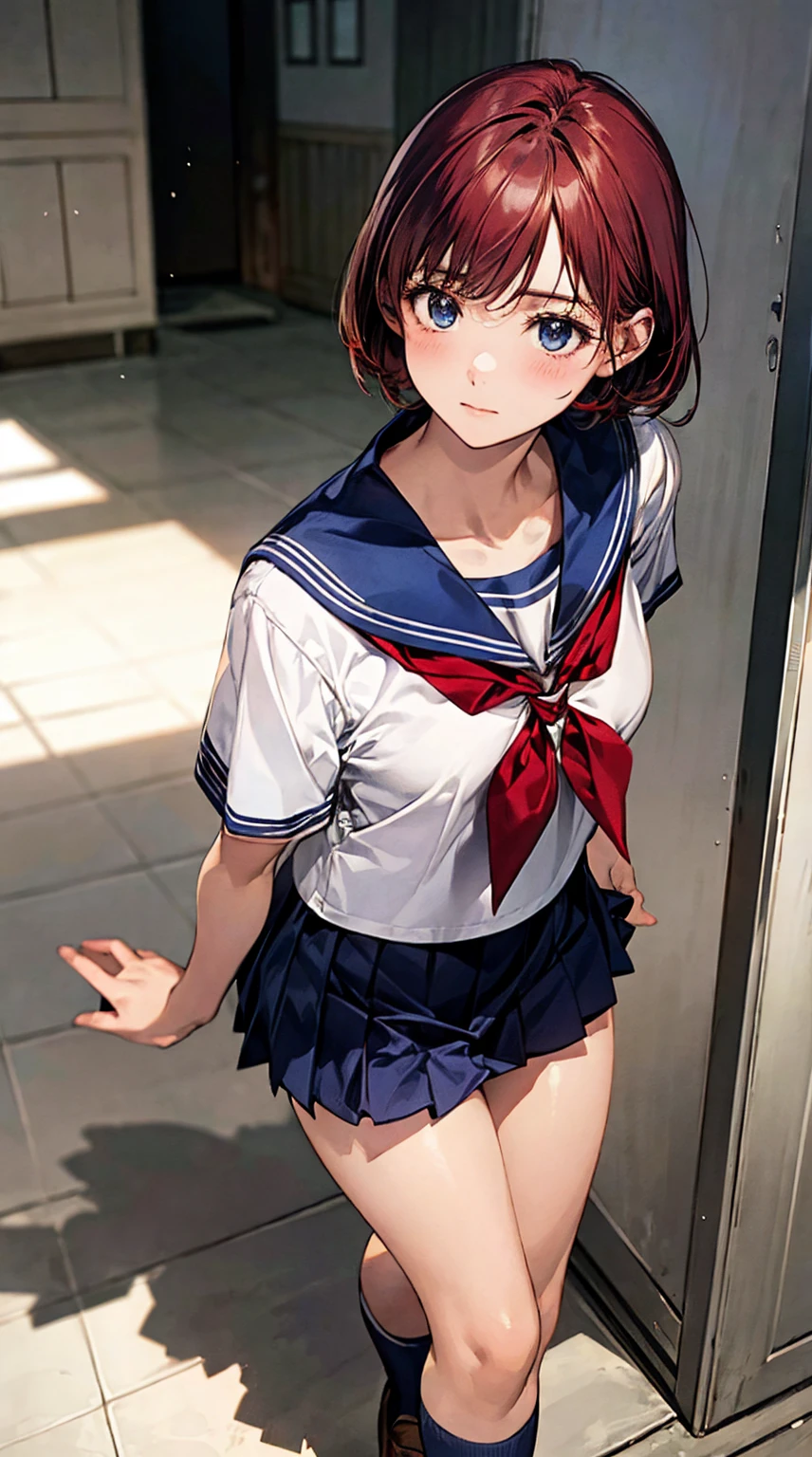 (top-quality、in 8K、32K、​masterpiece、nffsw、超A high resolution、Impresionismo、Photorealsitic:1.2)、Angle from above、High angle、Colossal tits、cowboy  shot, detailed faces and eyes、 Inside the classroom、Schools、Evening glow、beauitful face、blurry backround、16-year-old beautiful girl、shinny skin、long、Beautiful red hair、Blunt bangs、Blue eyes、(Scrunchie:1.2)、a sailor suit、Pleated miniskirt、Curve、Stand on one knee、(I can see panties:1.2)、Smile with open mouth、Opening legs、