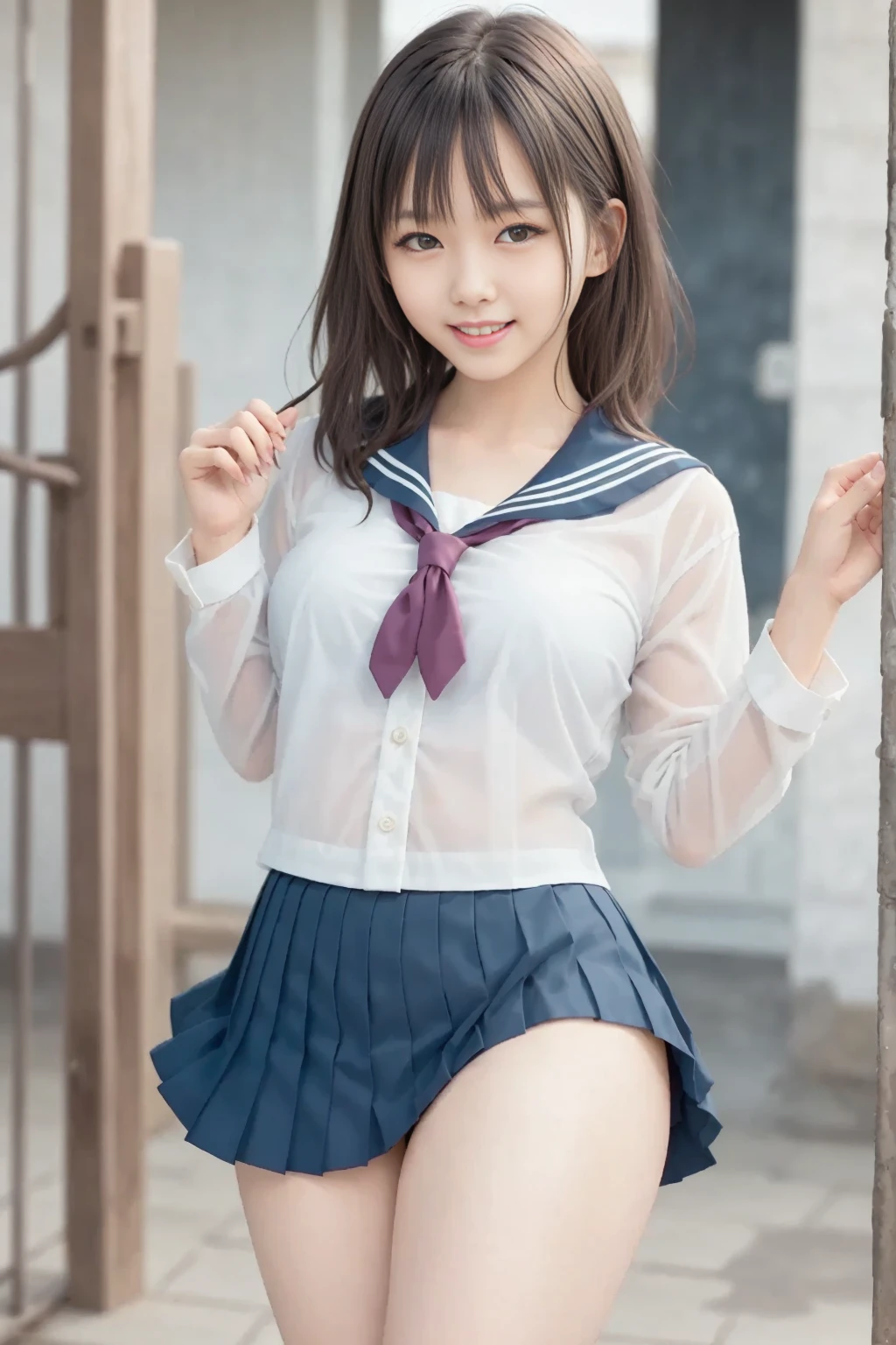 ((8:Photo Real))、photoRealstic A dark-haired、、((poneyTail))、((A smile:show teeth、the eyes are double and large))、Plump cheeks、(sixteen years old、hi-school girl)、Suppin、cute little、(((White sailor suit:see through:Protruding nipple ))):、bow ribbon、(no skirt)、, ,((Girl spreading her legs))、Short stature、(((Big :Vagina)))、Lighting from below、