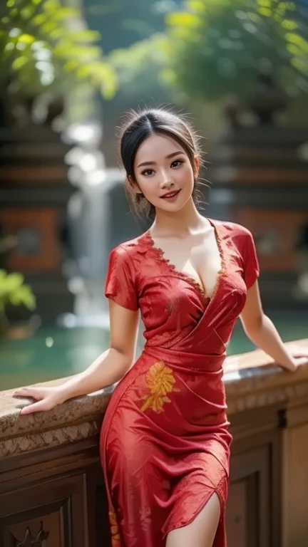 best quality, Masterpiece, height, 1 girl,Chinese dress,The dress is very short, showing off the beautiful proportions.,Big Breasts,little smile, Hold your head high, decorationsผม,necklace, decorations,Beautiful face,when_body, Tyndall Effect,realistic, dark studio, Light around the wheel rim, Two tone light,(Highly detailed skin:1.2), 8K ,King thai serpent , dslr, soft light, High quality, Volumetric light, Straightforward, photograph, high resolution, 4K, 8K, Bokeh, black ponytail hair, White and Red theme